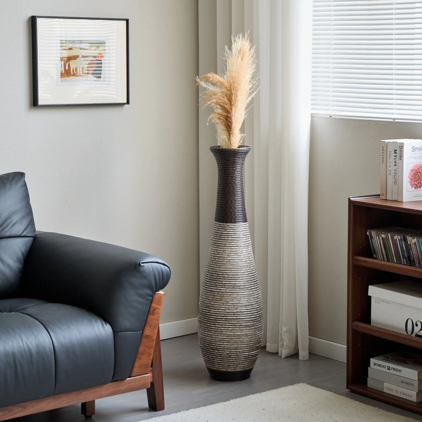 39-Inch Tall Standing Designer Floor Vase - Durable Artificial Rattan - Elegant Two-Tone Dark Brown Finish - Ideal Décor Accent for Living Room – view 8