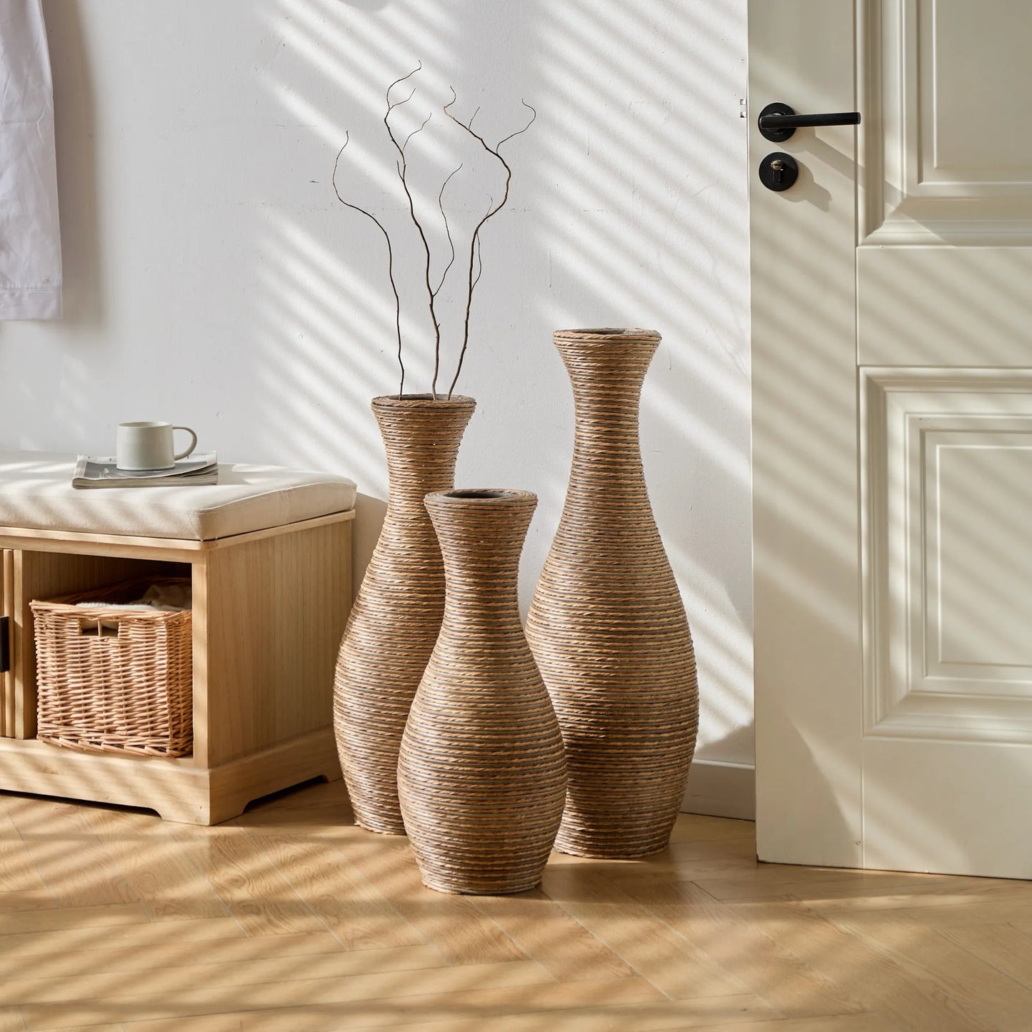 3-Piece Artificial Rattan Floor Vase Set – Decorative Accent for Living Room, Hallway & Entryway, Ideal for Dried or Silk Flower Arrangements, Beige – view 8