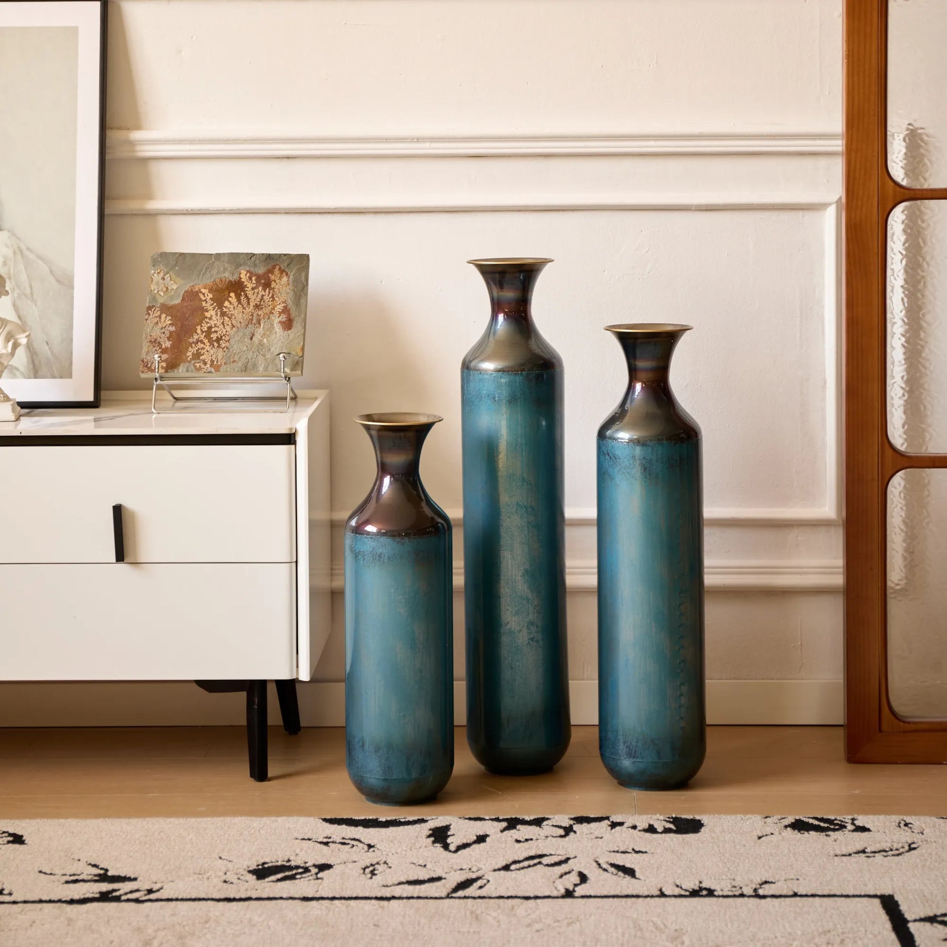 Modern Droplet-Shaped Floor Vase Set – Aqua Blue Glazed Metal Decorative Vases – 3-Piece Home Decor in 20.4 In, 24.4 In & 28.34 In Heights – view 8