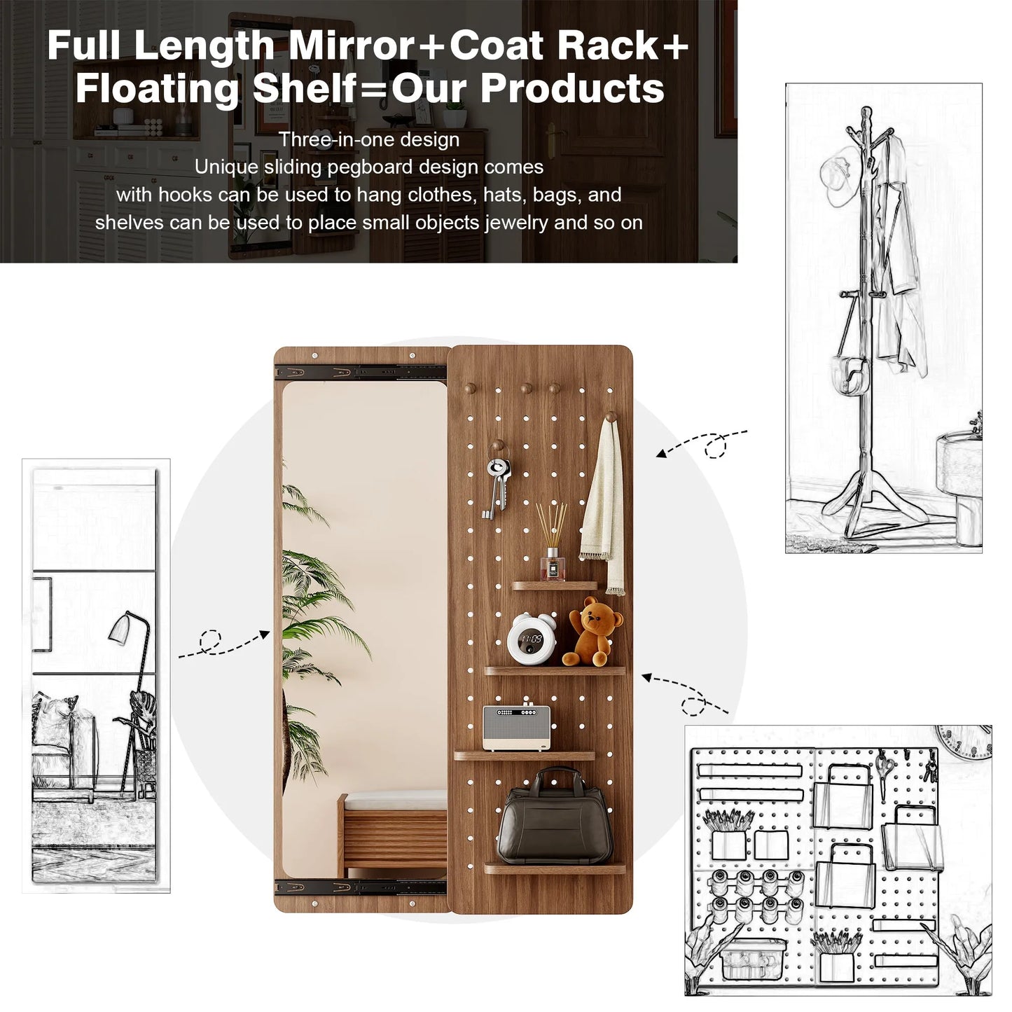 47.6 x 15.7 inch multi-functional design panel wall-mounted full-length mirror, space-saving, can be pushed and pulled. Suitable for bedroom/living – view 8