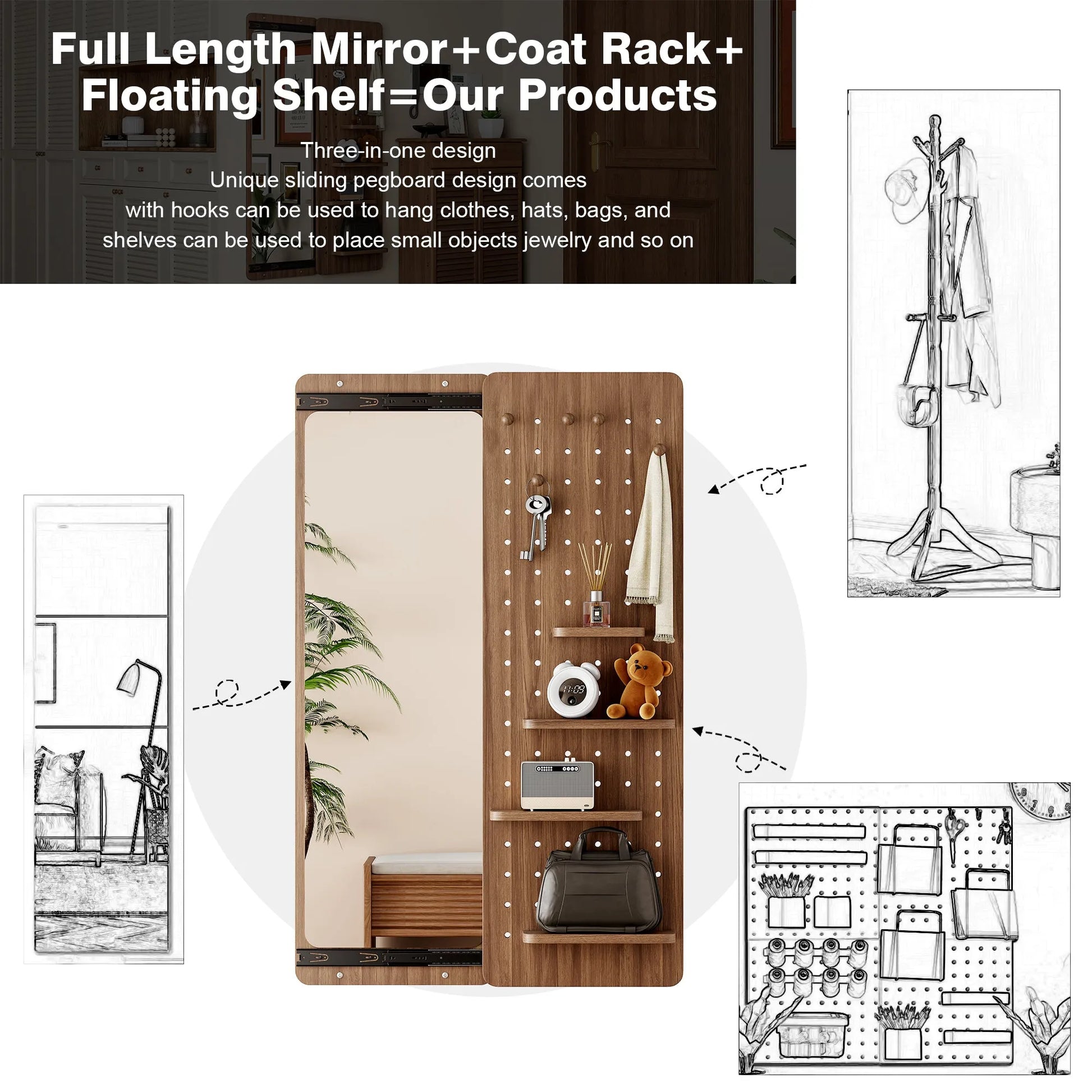 47.6 x 15.7 inch multi-functional design panel wall-mounted full-length mirror, space-saving, can be pushed and pulled. Suitable for bedroom/living – view 8