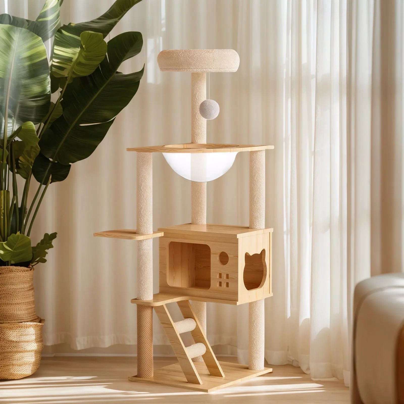 48.8' Modern Cat Tower, Wood Cat Tree Tower for Indoor Cats, Cat Tree with Sisal-Covered Scratching Posts and Top Perch, Cat Condo with Acrylic – view 8