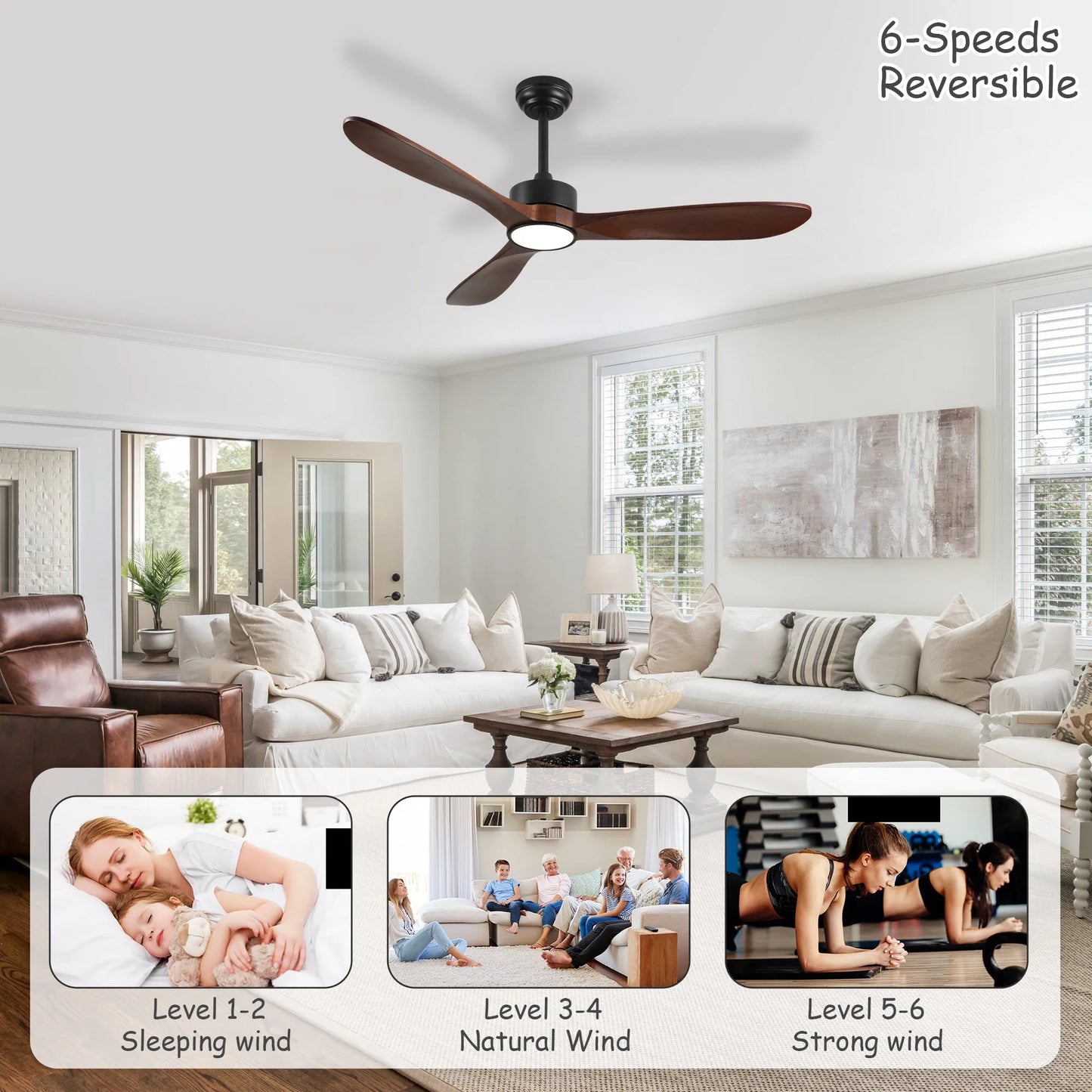 52 Inch Ceiling Fan with Light, 3 Solid Wood Blades,Remote Control,6-speed Reversible DC Motor for Living Room,Bed Room,Dining Room. – view 8