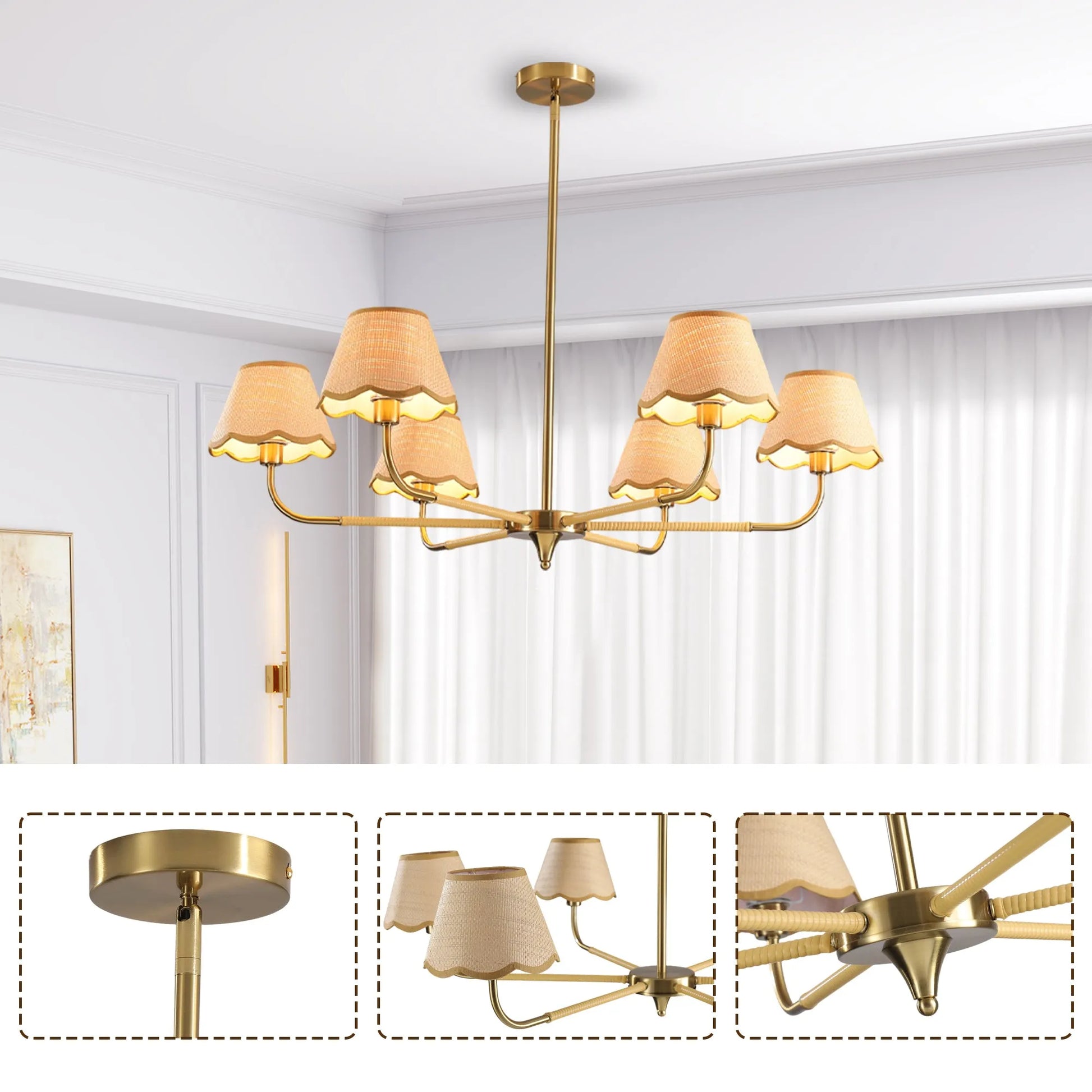 38' Gold 6-lamp Chandelier with Hand-Woven Rattan Lampshade, Mid-Century Hanging Pendant Light Fixture for Dining Room, Living Room, or Kitchen (Bulb – view 8