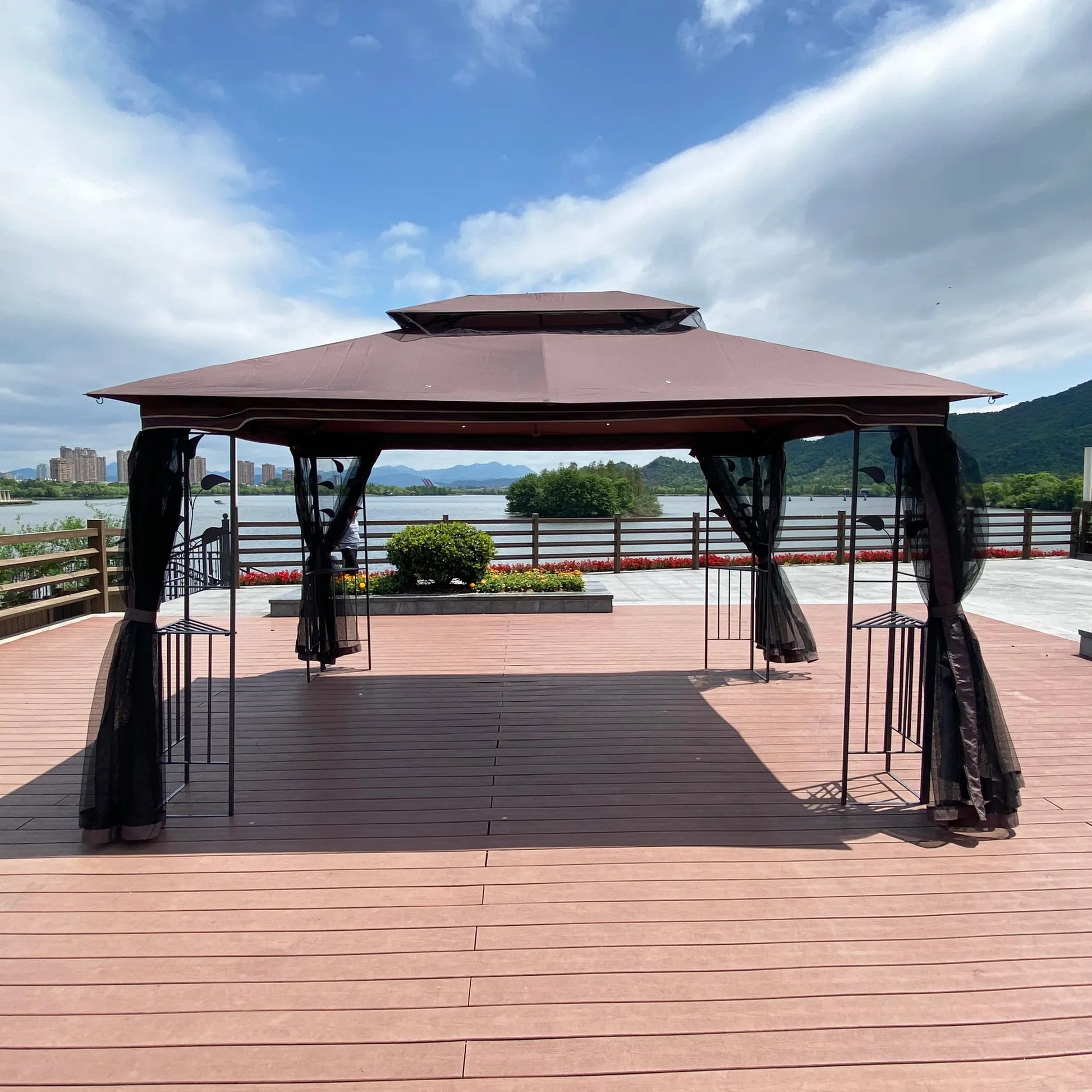 13 x 10 ft Patio Gazebo Tent with Ventilated Double Roof and Mosquito Net, Brown Canopy for Backyard or Garden – view 8