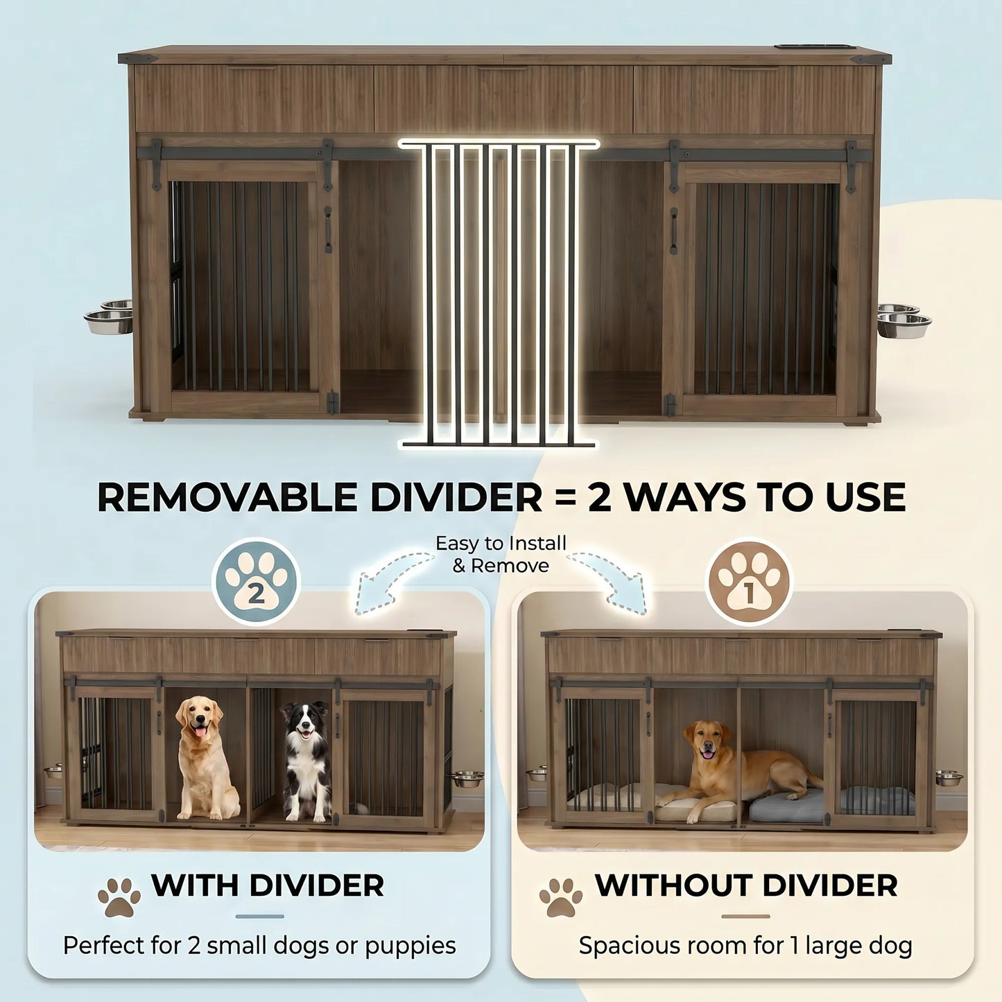 71'' Furniture Style Double Dog Crate with 3 Fluted Drawers and Waterproof Walnut Woodgrain Tabletop,Large Dog Kennel Furniture with Type-C Power – view 8