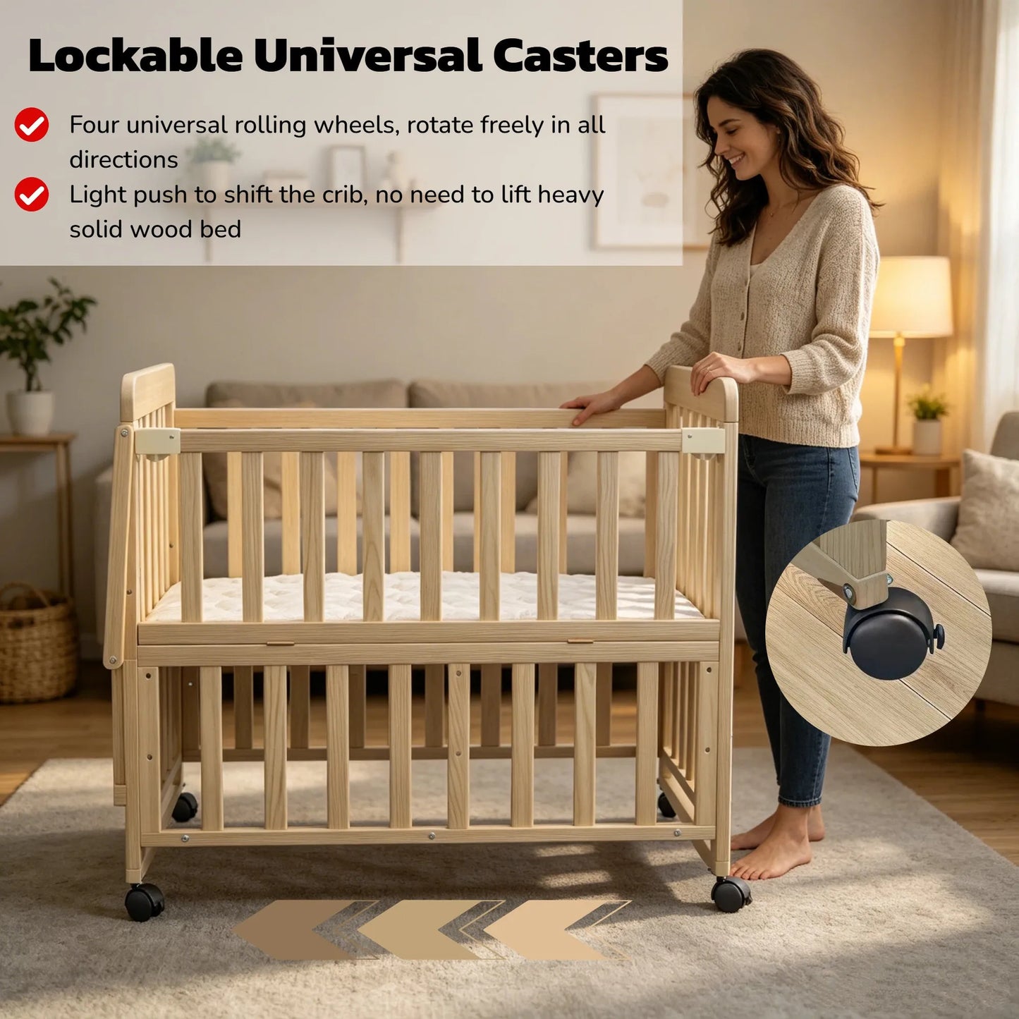 Solid Wood Baby Bassinets Wooden Bedside Bassinet Portable Mini Baby Crib 3 Adjustable Heights With Mattress and Changing Shelf for Newborns – view 8