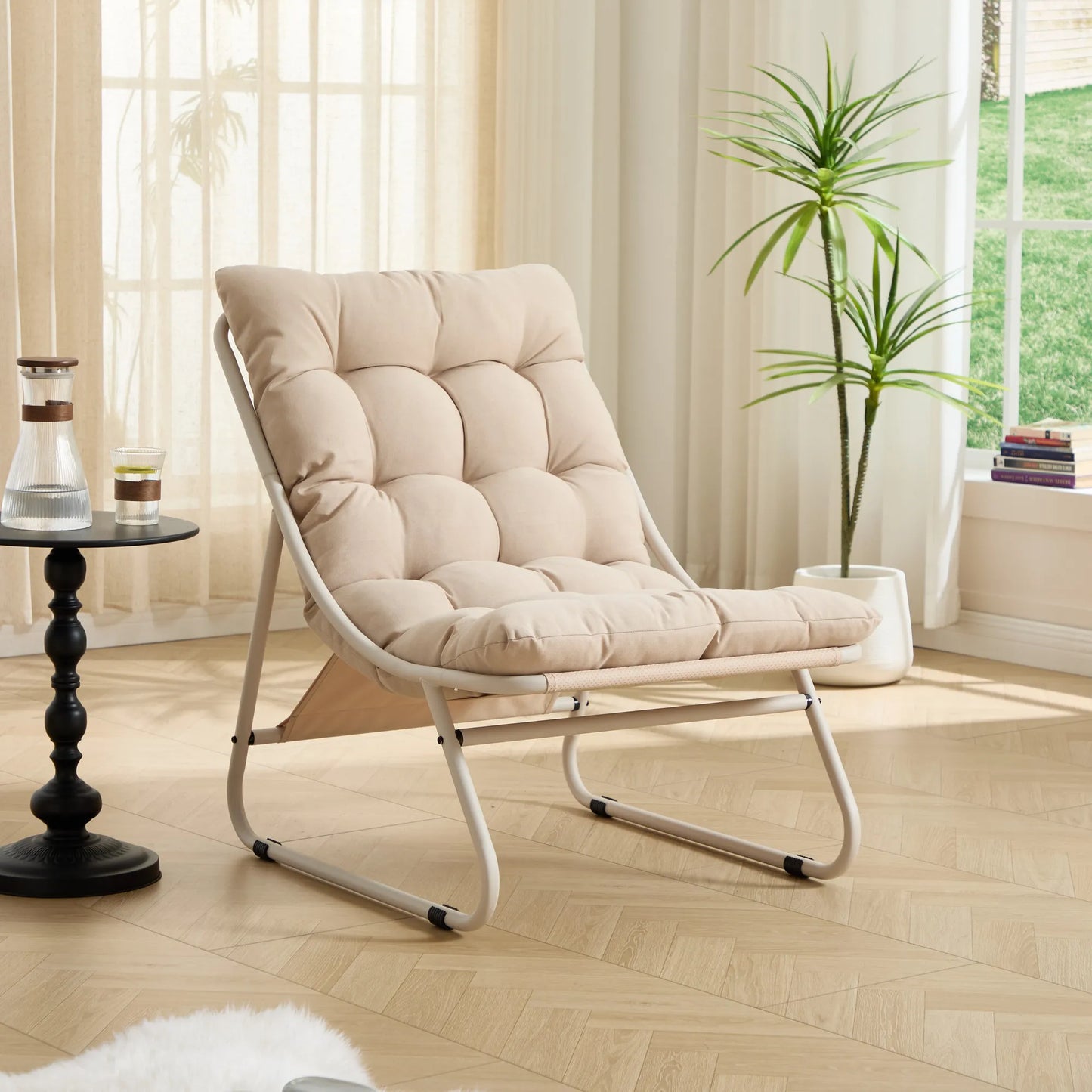 Patio Outdoor Lounge Chair with Ottoman, Comfy Sling Recliner Chair with Puffy Cushion and Foot Stool, Ideal for Living Room, Bedroom, Reading Room – view 8