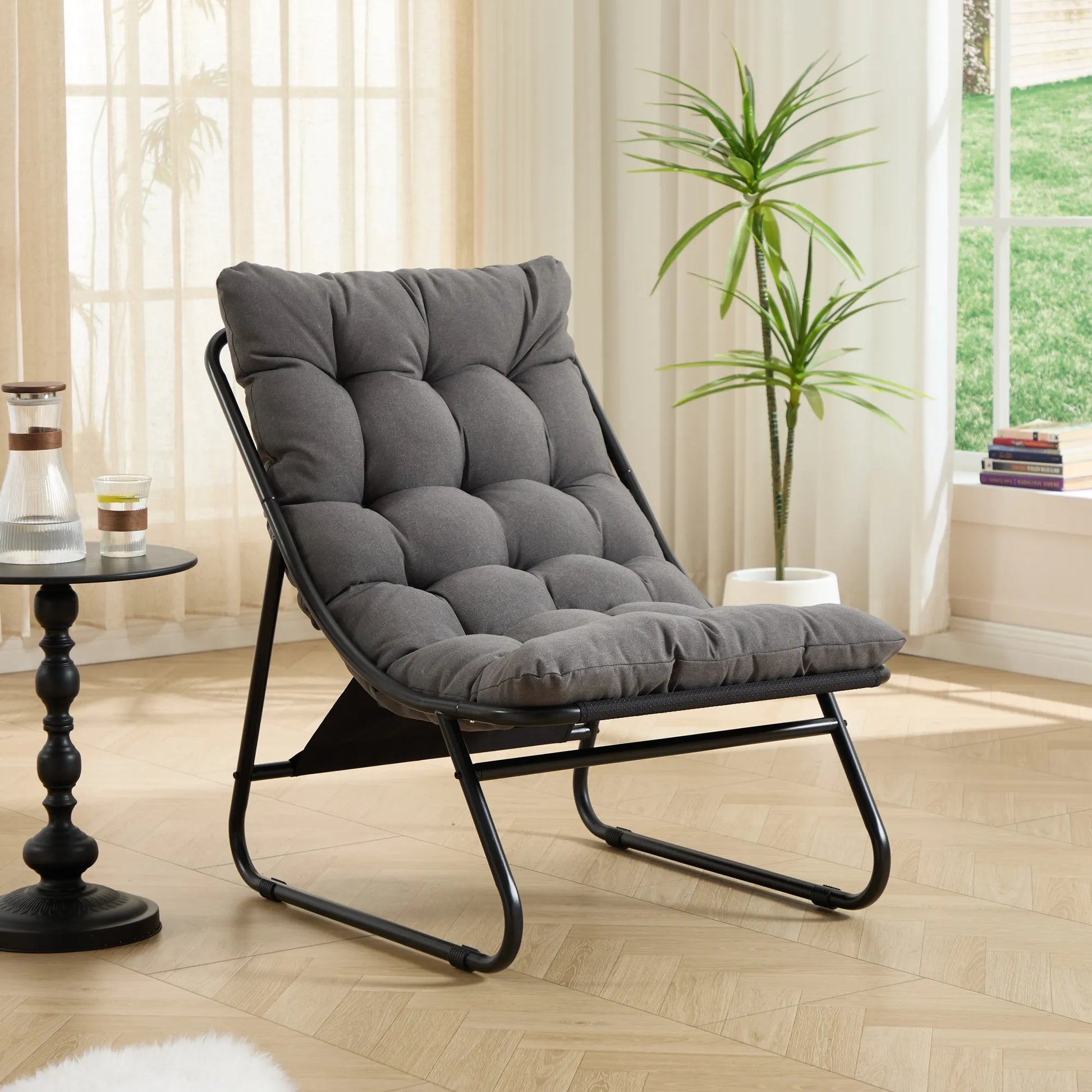 Patio Outdoor Lounge Chair with Ottoman, Comfy Sling Recliner Chair with Puffy Cushion and Foot Stool, Ideal for Living Room, Bedroom, Reading Room – view 8