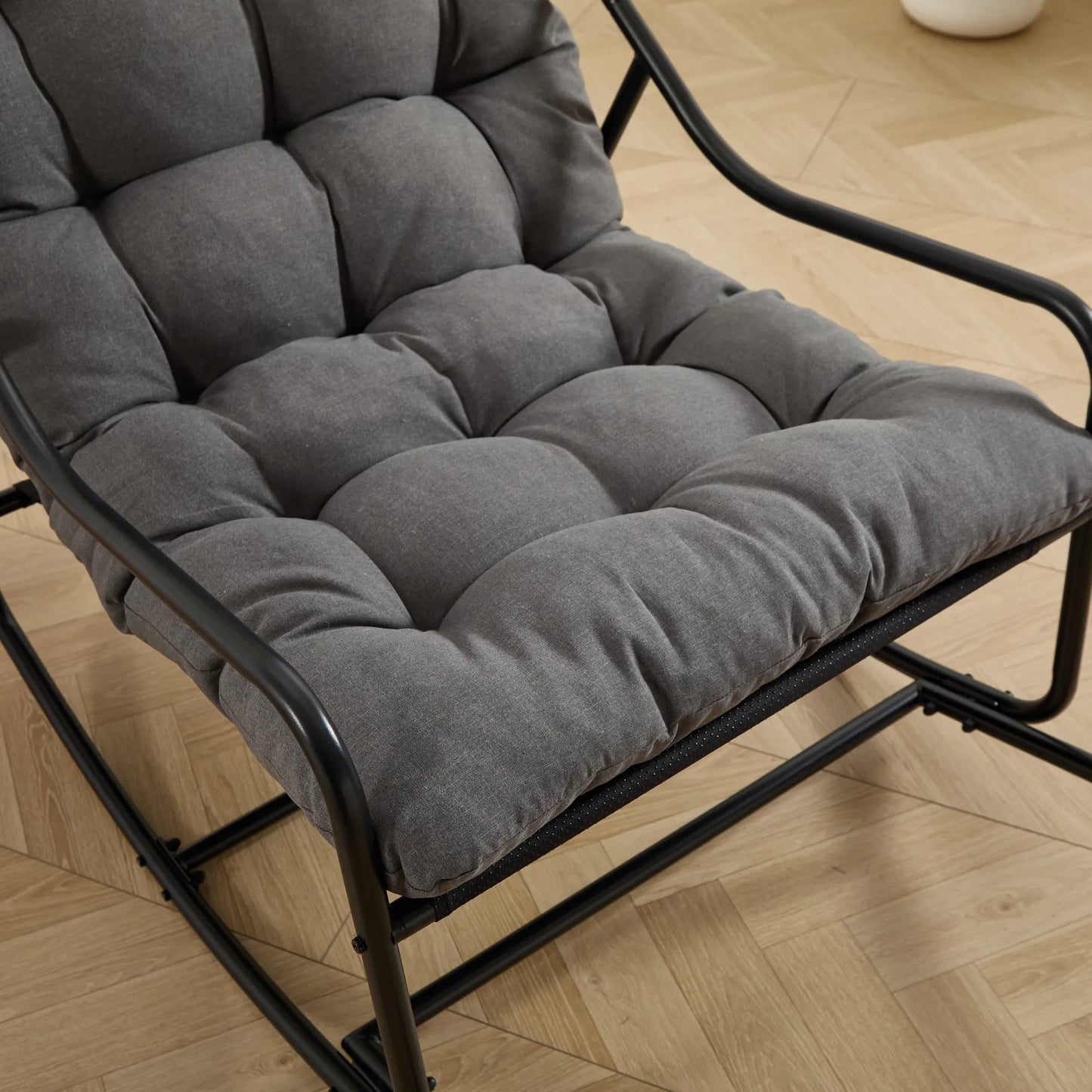 Outdoor Rocking Chair, Comfy Cushion, with Soft Thick Cushion,for Living Room, Bedroom, Reading Room, Black Frame with Grey Cushion – view 8