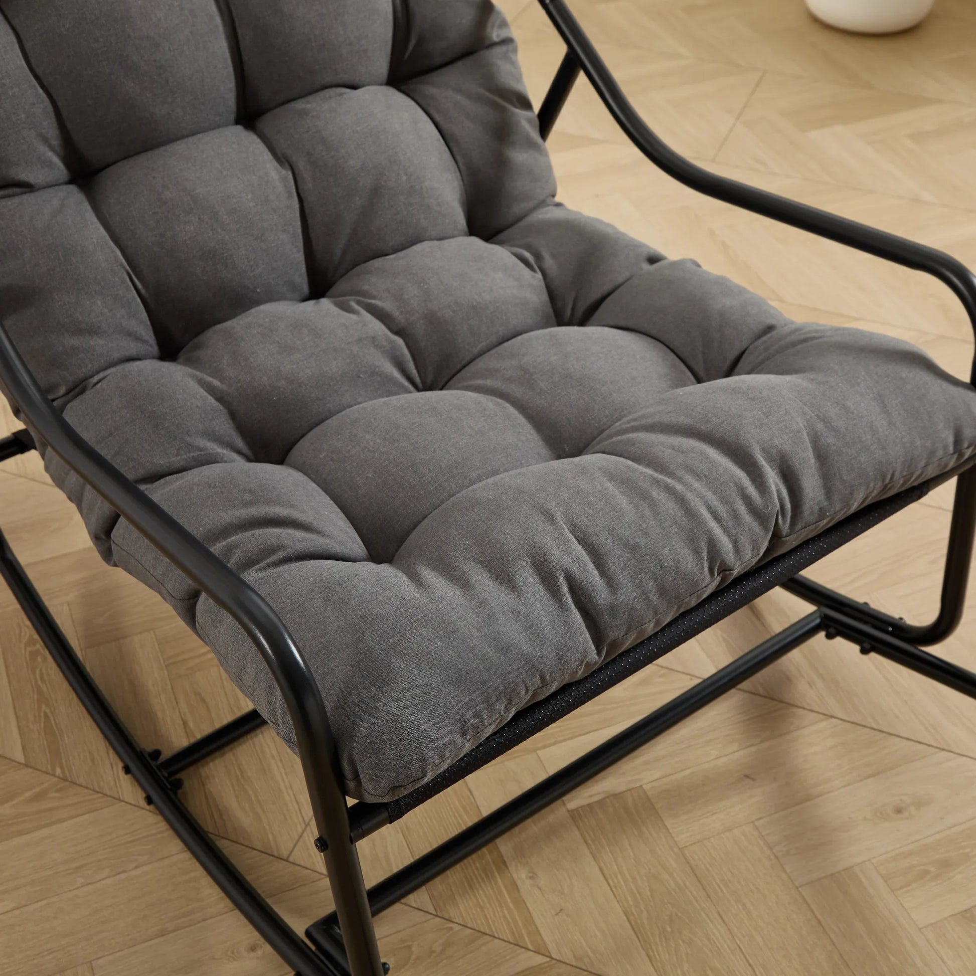 Outdoor Rocking Chair, Comfy Cushion, with Soft Thick Cushion,for Living Room, Bedroom, Reading Room, Black Frame with Grey Cushion – view 8