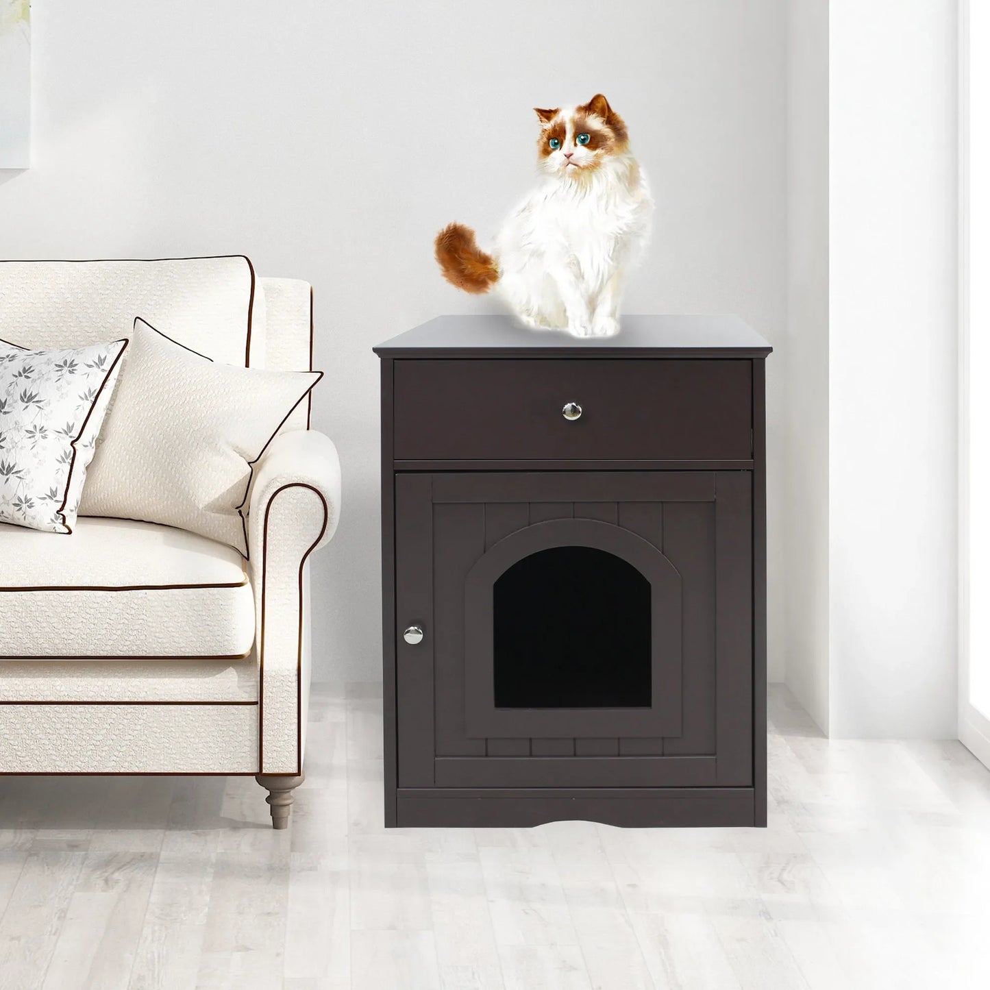 Brown Wooden Pet House Cat Litter Box Enclosure with Drawer, Side Table, Indoor Pet Crate, Cat Home Nightstand – view 8