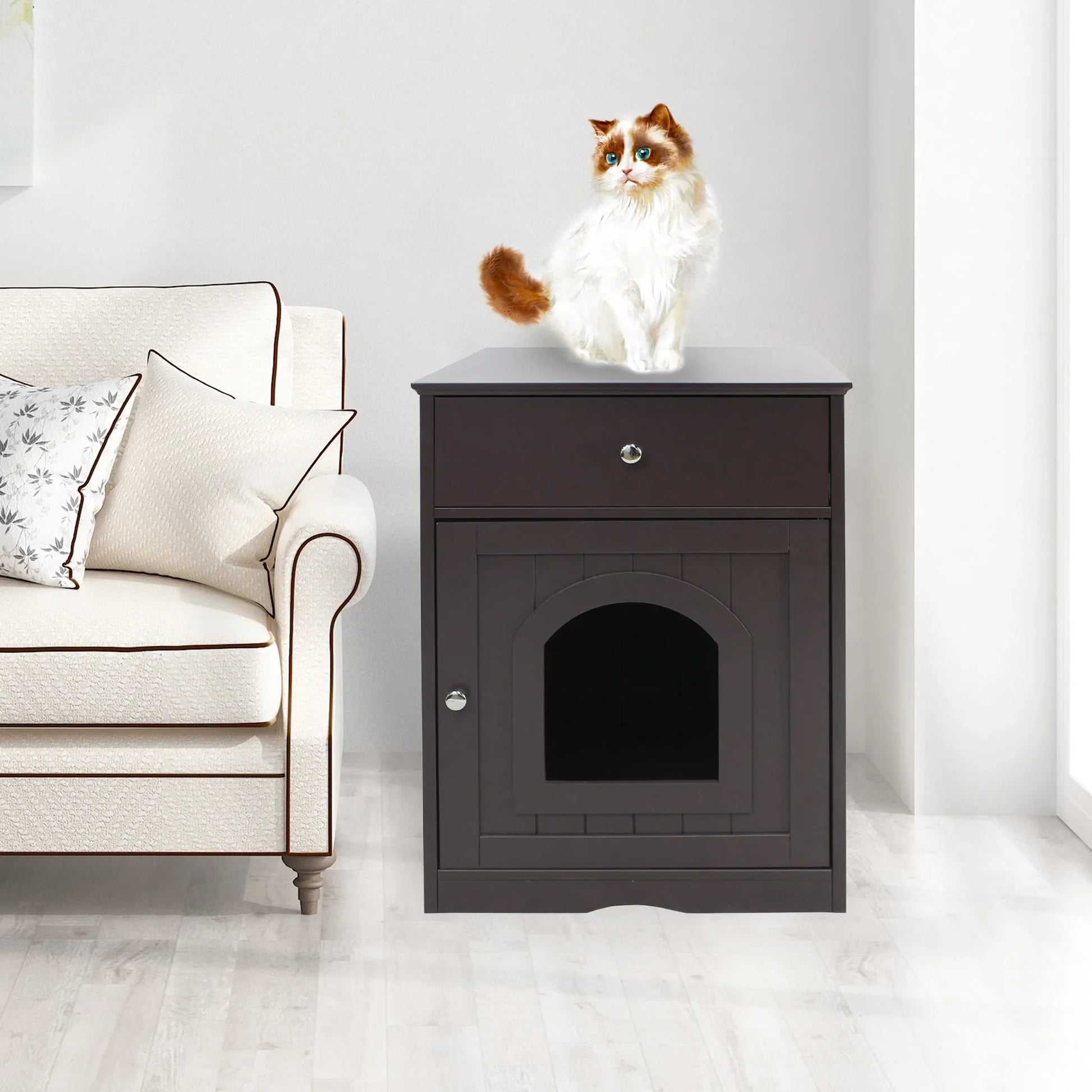 Brown Wooden Pet House Cat Litter Box Enclosure with Drawer, Side Table, Indoor Pet Crate, Cat Home Nightstand – view 8
