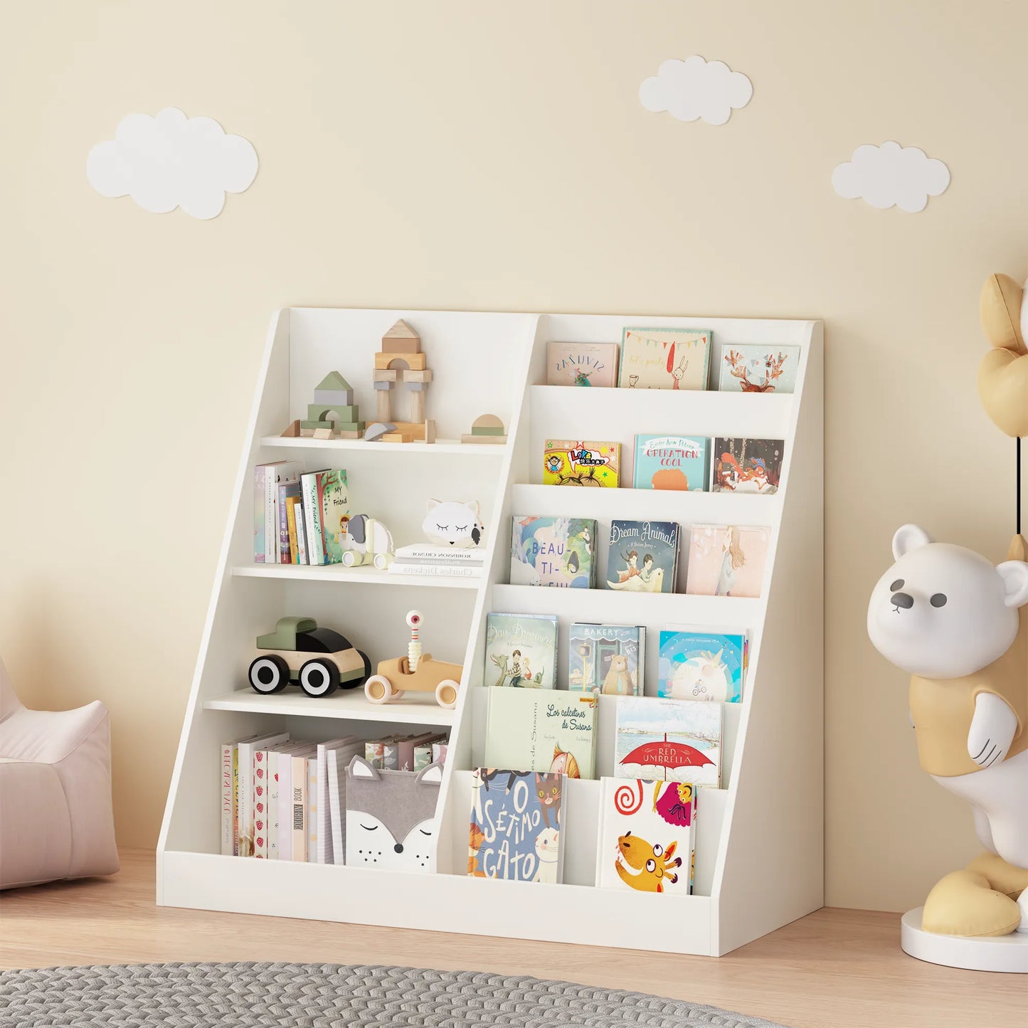 Kids Bookshelf and Toy Storage Organizer, Multifunctional 4-Tier White Wooden Bookcase with Toy Bin for Nursery, Playroom, or Kids Room – view 8
