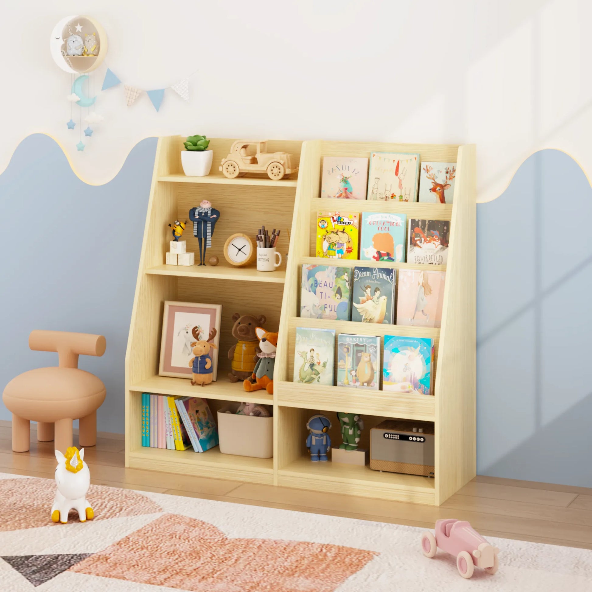 Kids Bookshelf and Toy Storage Organizer, Multifunctional 4 Tier Wooden Kids Book Shelf with Bookcase Display Stand in Kids Room Playroom Nursery for – view 8