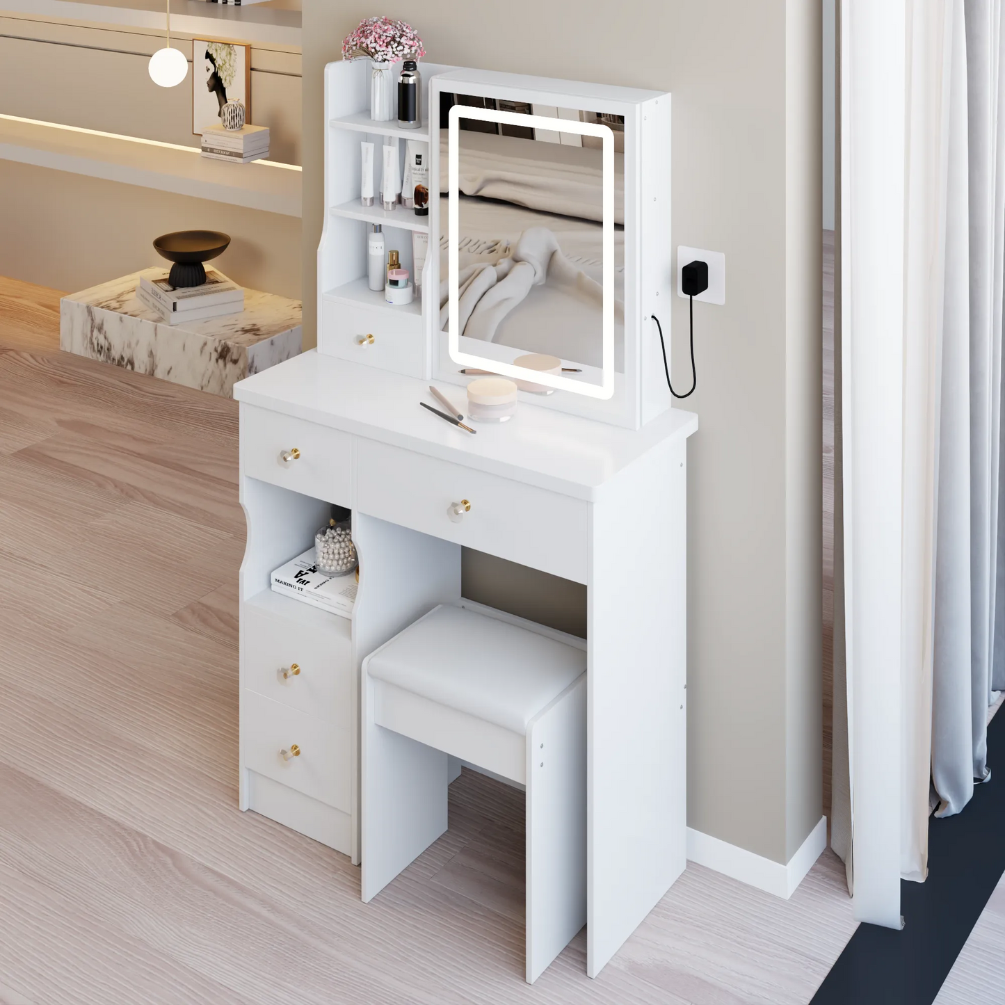 29.2' Small Size Left Drawer Desktop Vanity Table + Cushioned Stool, Large Sliding, Touch Control, Tri-color Switching, Brightness Adjust LED Mirror – view 8