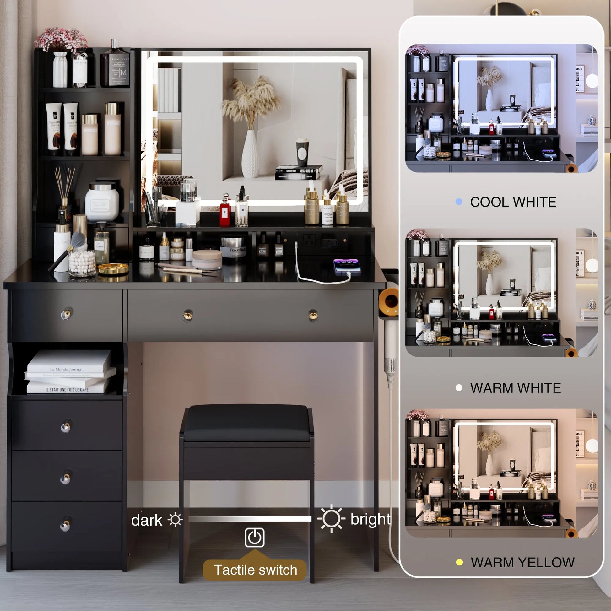 41' Large Size Left Drawer Desktop Vanity Table+Cushioned Stool Dresser Set, 2 AC+2 USB Power Station, Hair Dryer Stand, Extra Large Touch Control – view 8