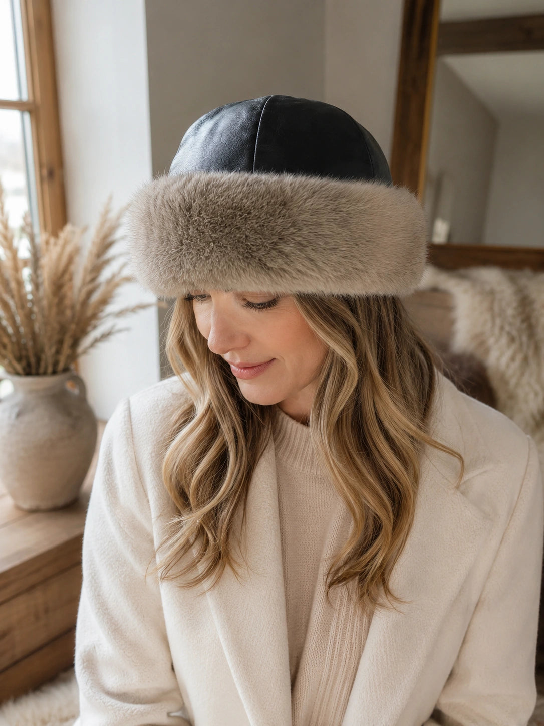 Warm Taupe rabbit fur and black leather round hat styled indoors