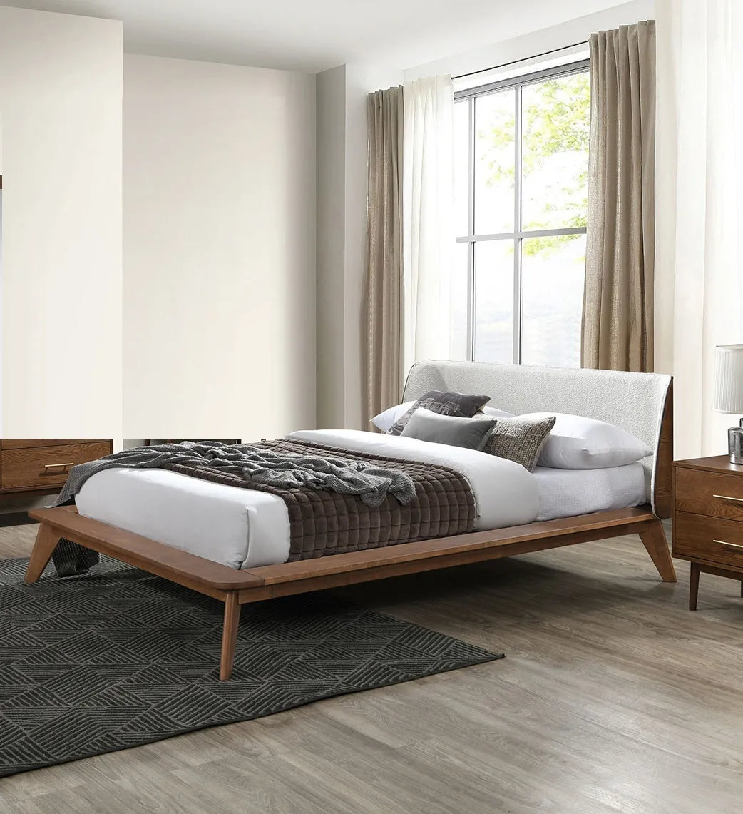 Gorgeous Walnut 3pc Bedroom Set Full Size Bed 2x Nightstands Beige Upholstered Fabric Winged Edge Panel HB Mid-Century Modern Style – view 9