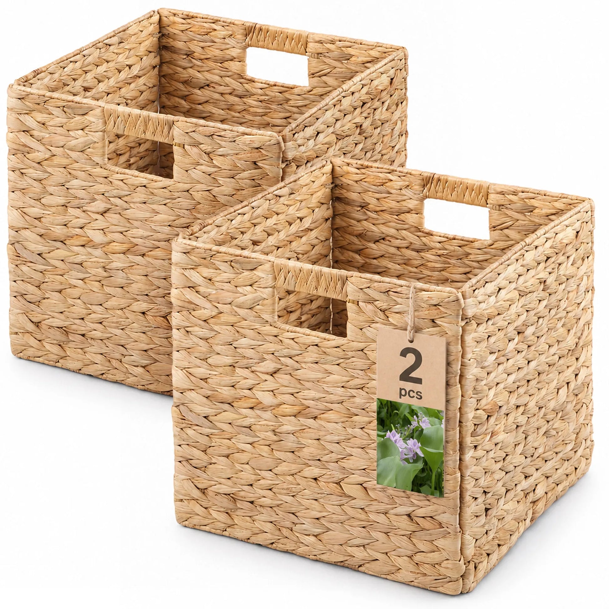 Water Hyacinth Folding Storage Baskets, Set of 2, Natural, 12.6' x 12.6' x 12.6', Handwoven Cube Baskets with Cutout Handles – Shelf Organizer, Toy – view 9