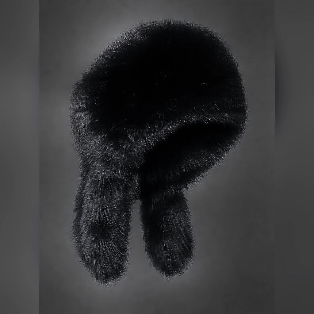 Black fur trapper hat front view with ear flaps