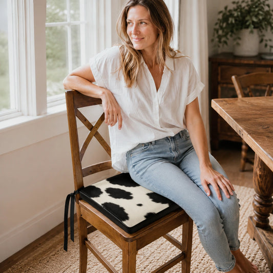 Woman seated on a black and ivory genuine cowhide chair pad at a wood dining table