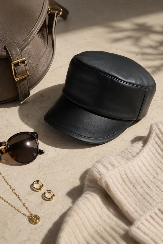 Black lambskin leather equestrian cap styled with knitwear, sunglasses and gold accessories
