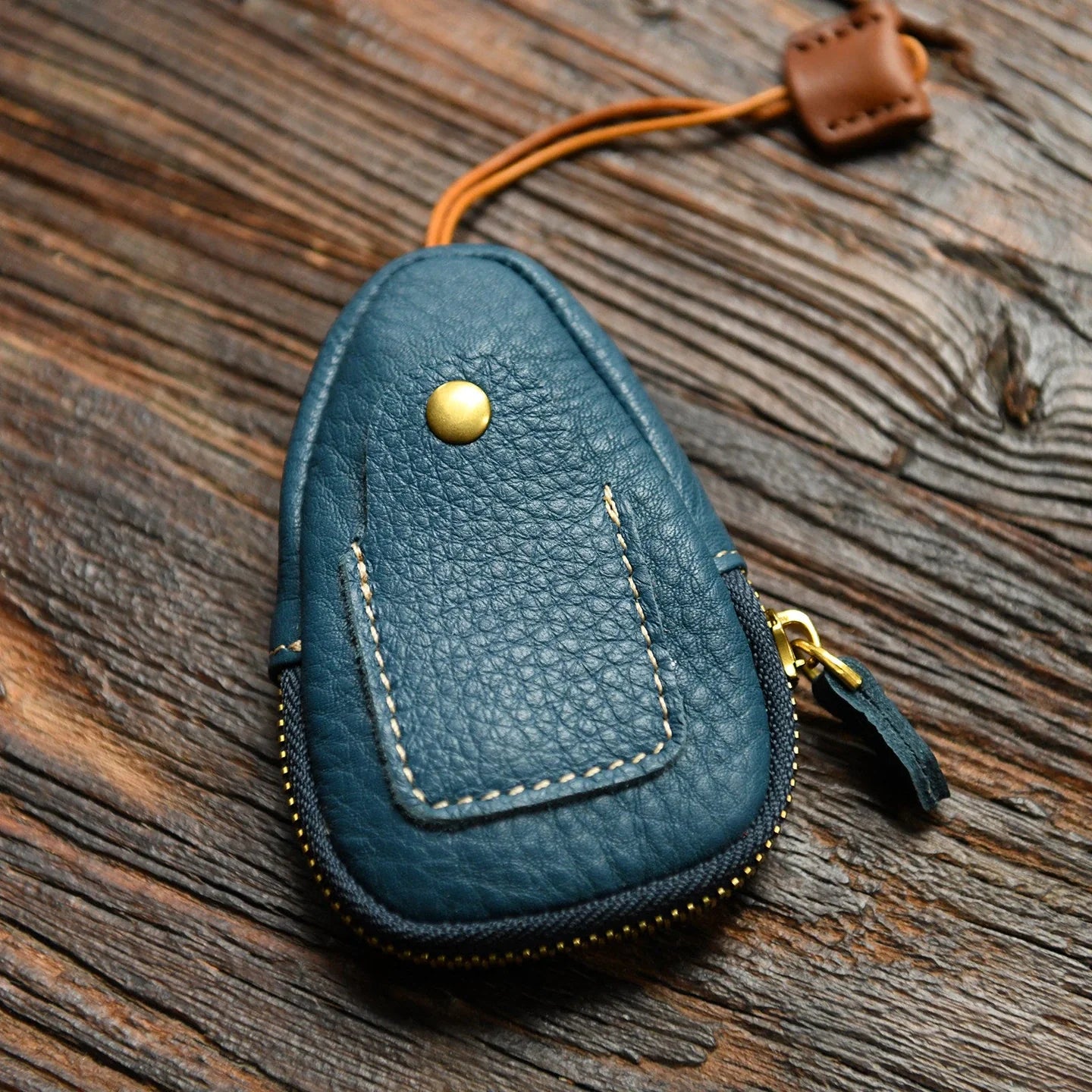 Blue top-grain leather car key case