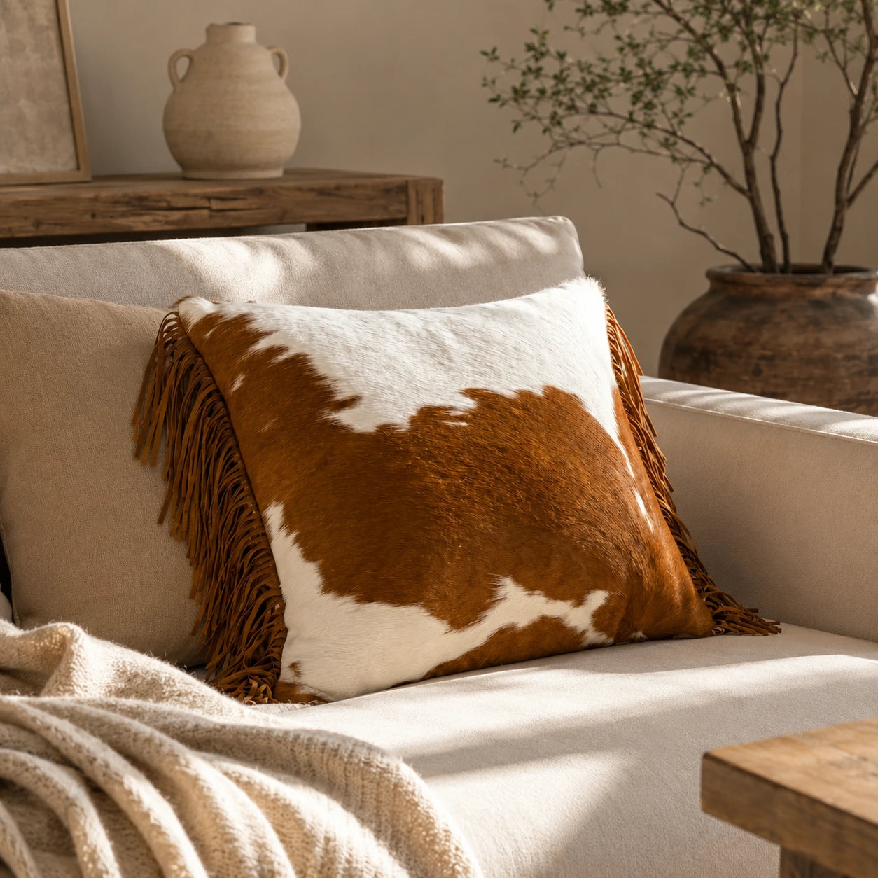 Brown and ivory fringed cowhide square pillow styled on a warm neutral sofa