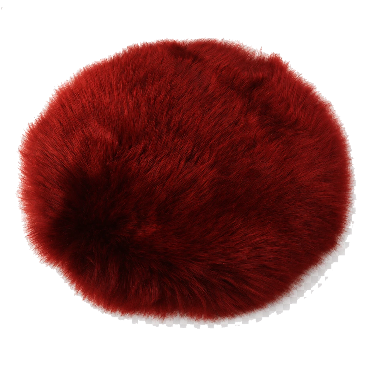 Burgundy genuine long-wool sheepskin round chair pad on transparent background