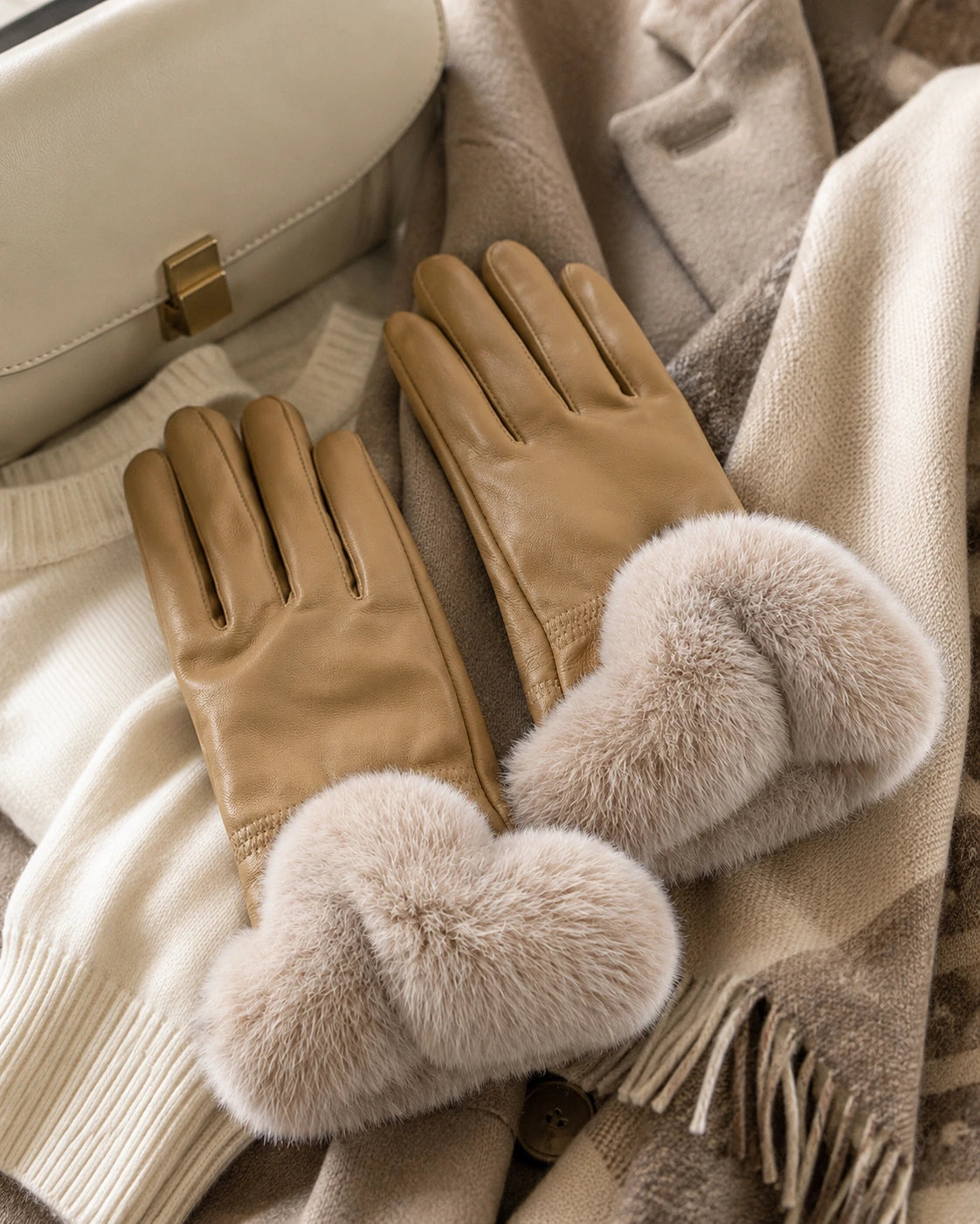 Camel leather fur-cuff gloves styled with a wool scarf and handbag