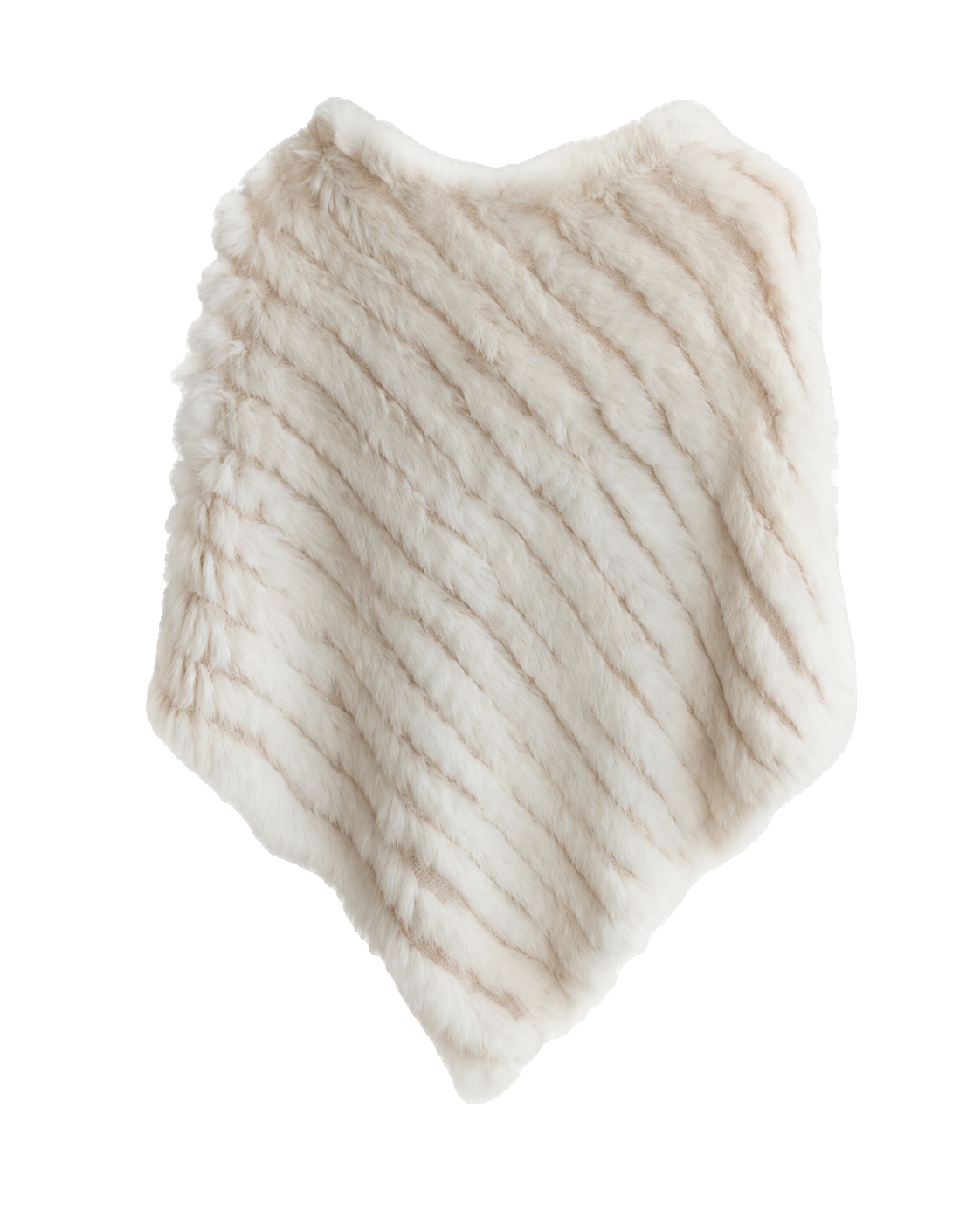 Creamy White handwoven genuine rabbit fur triangle poncho with classic knit collar on a transparent background
