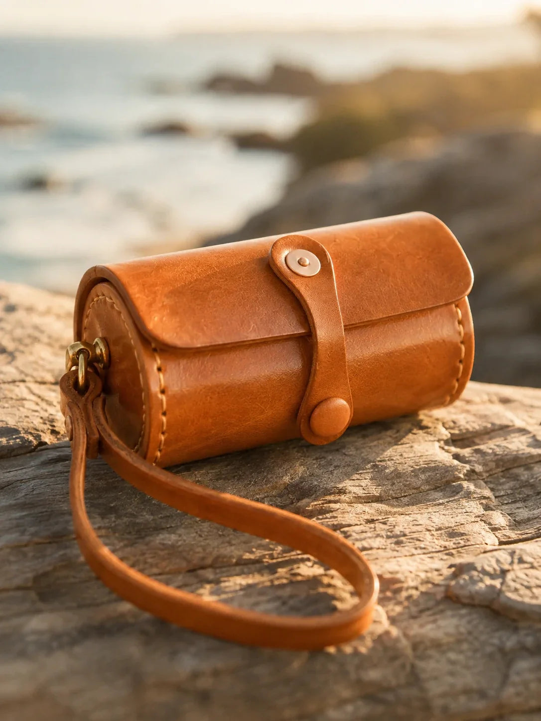Sunset tan vegetable-tanned cowhide wristlet case outdoors