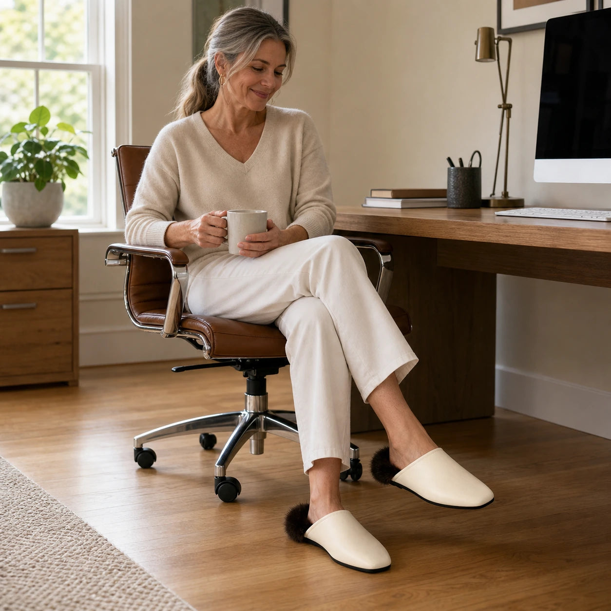 Cream mink fur-trim mule slippers worn by an adult woman in an American home office