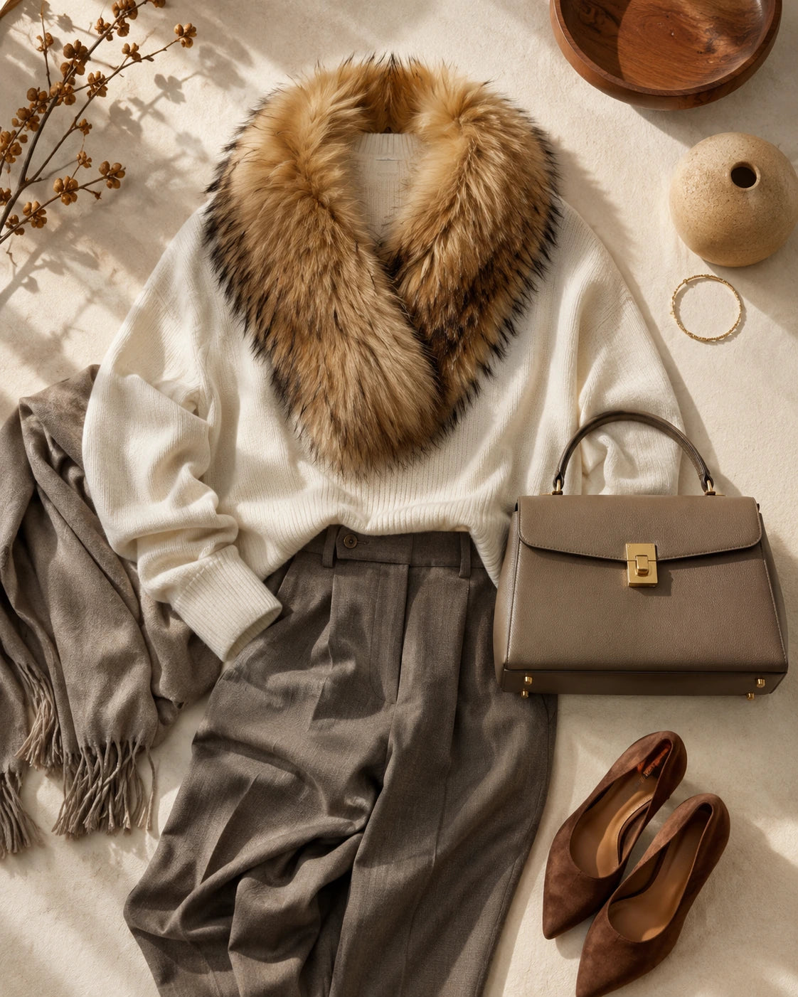 Deep Natural Brown genuine fox fur cape scarf styled with a neutral outfit and handbag