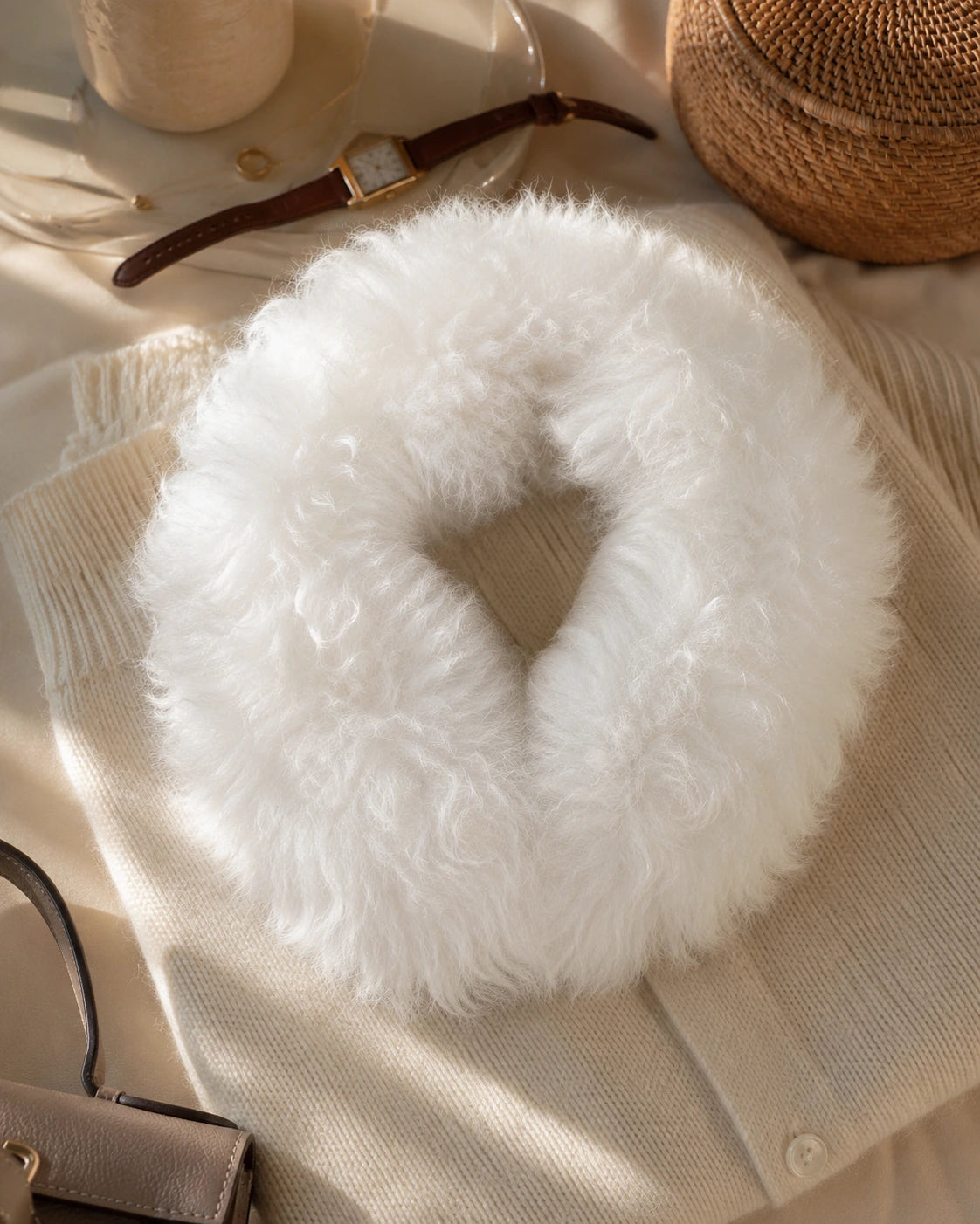 Ivory White genuine lamb fur magnetic scarf styled with neutral wardrobe pieces