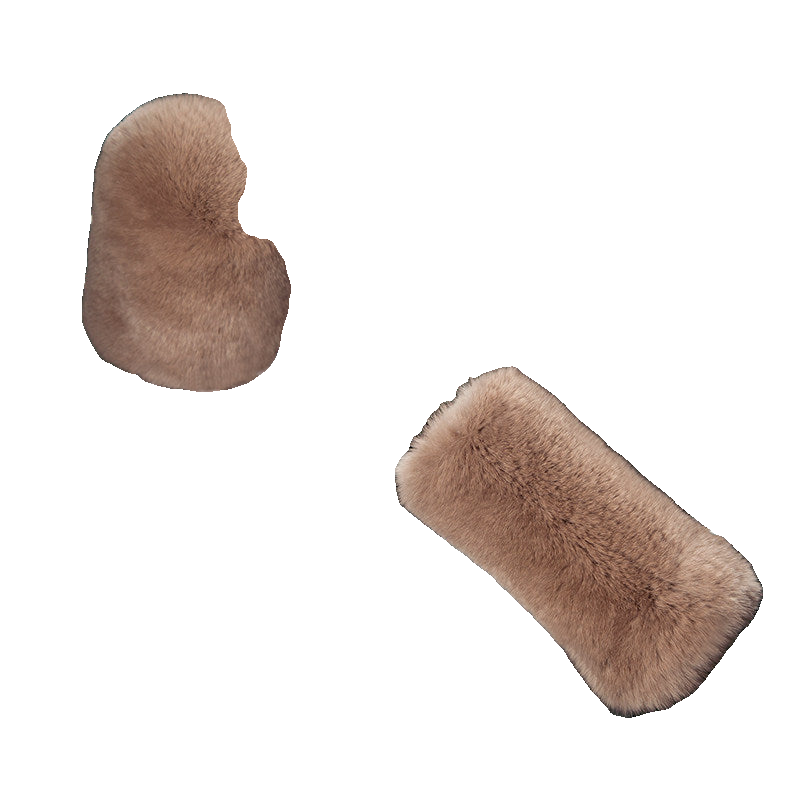 Khaki genuine Rex rabbit fur gear shift and handbrake cover set on transparent background