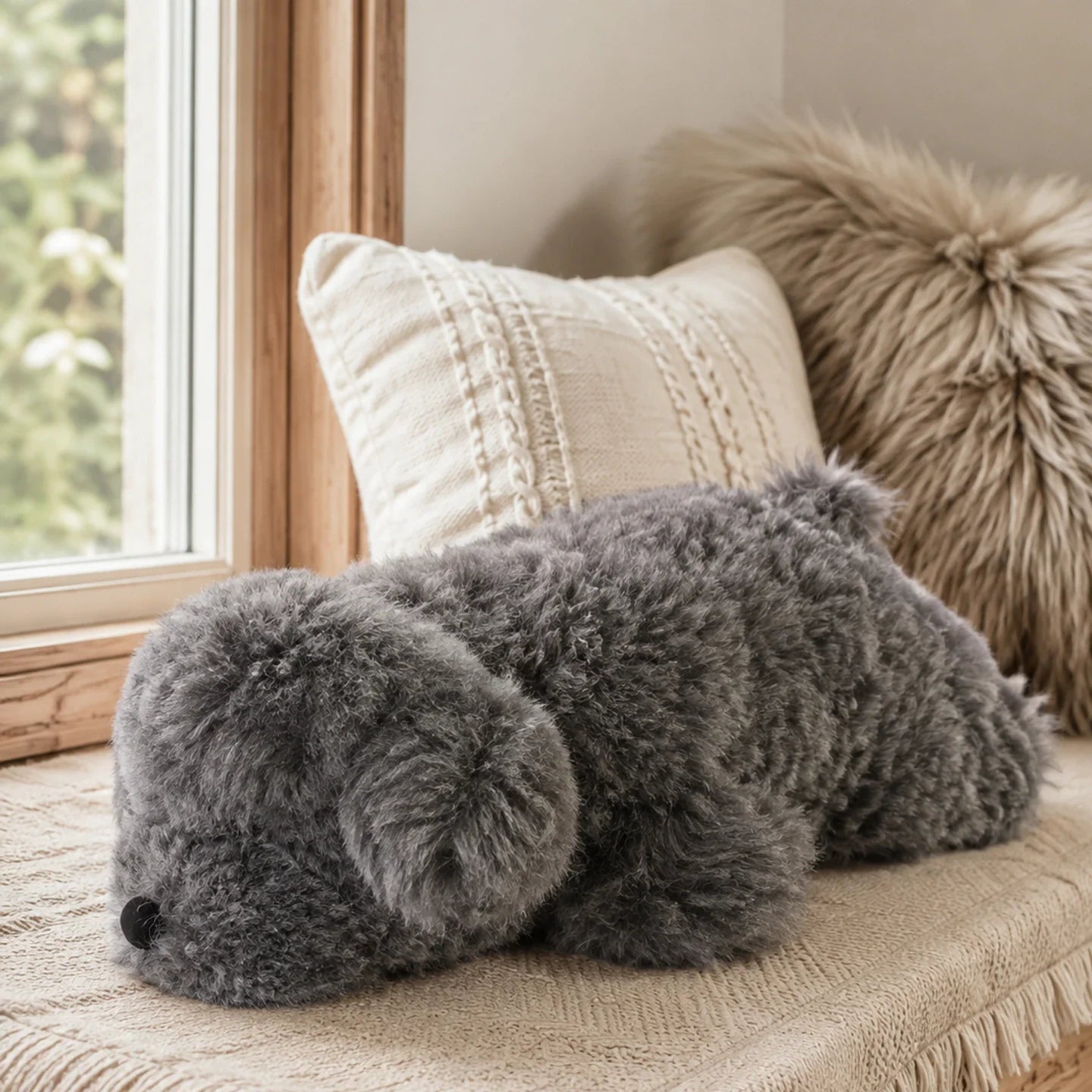Gray lambswool poodle pillow on a neutral window seat