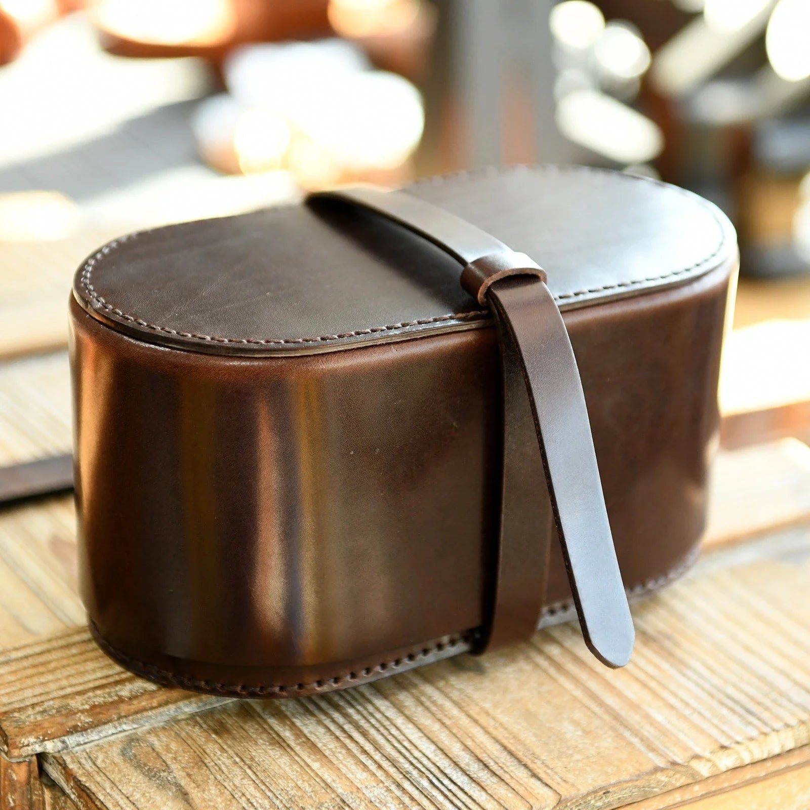 Large dark brown leather tea set travel case