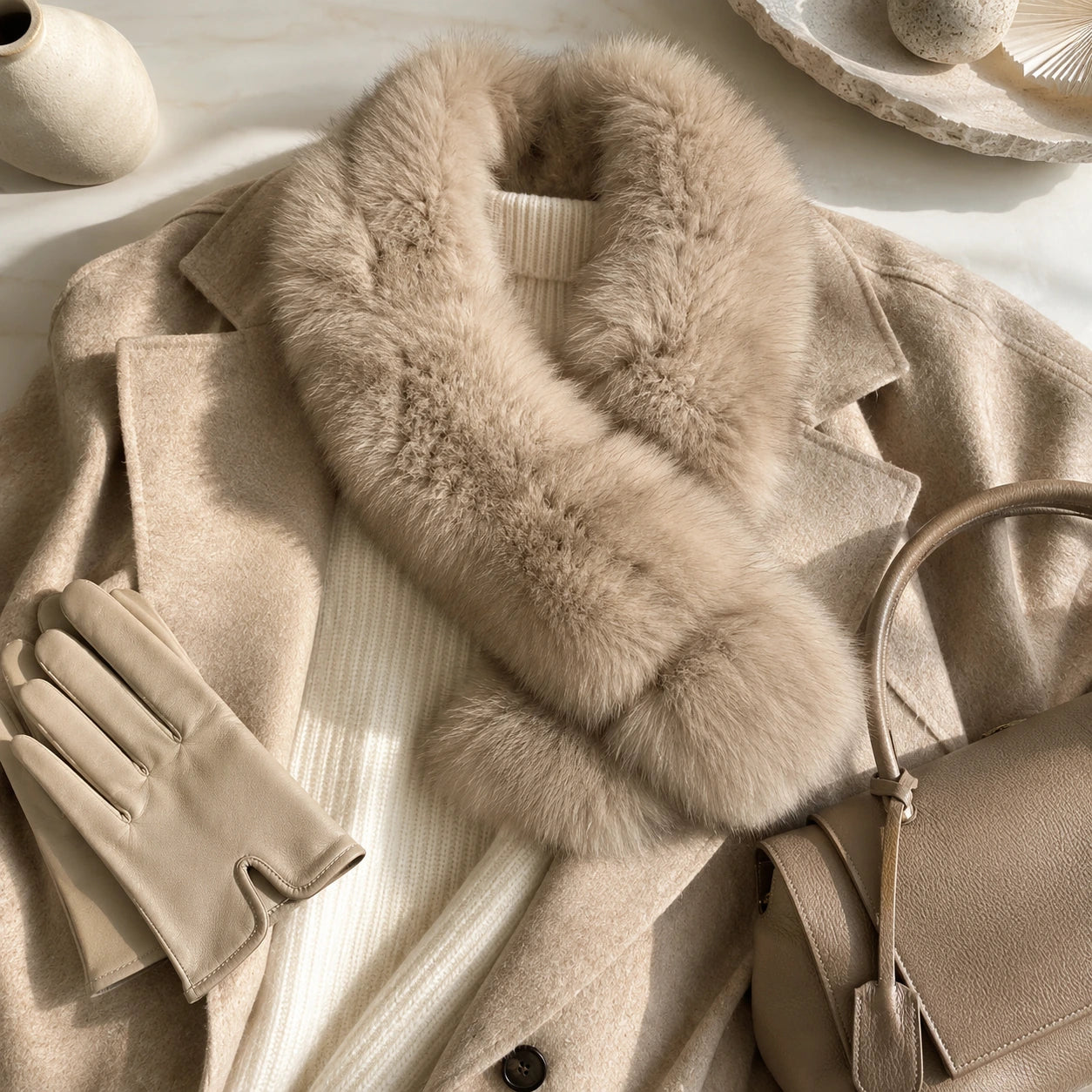 Light Taupe Two-Tone genuine fur V-scarf styled with a neutral coat and gloves