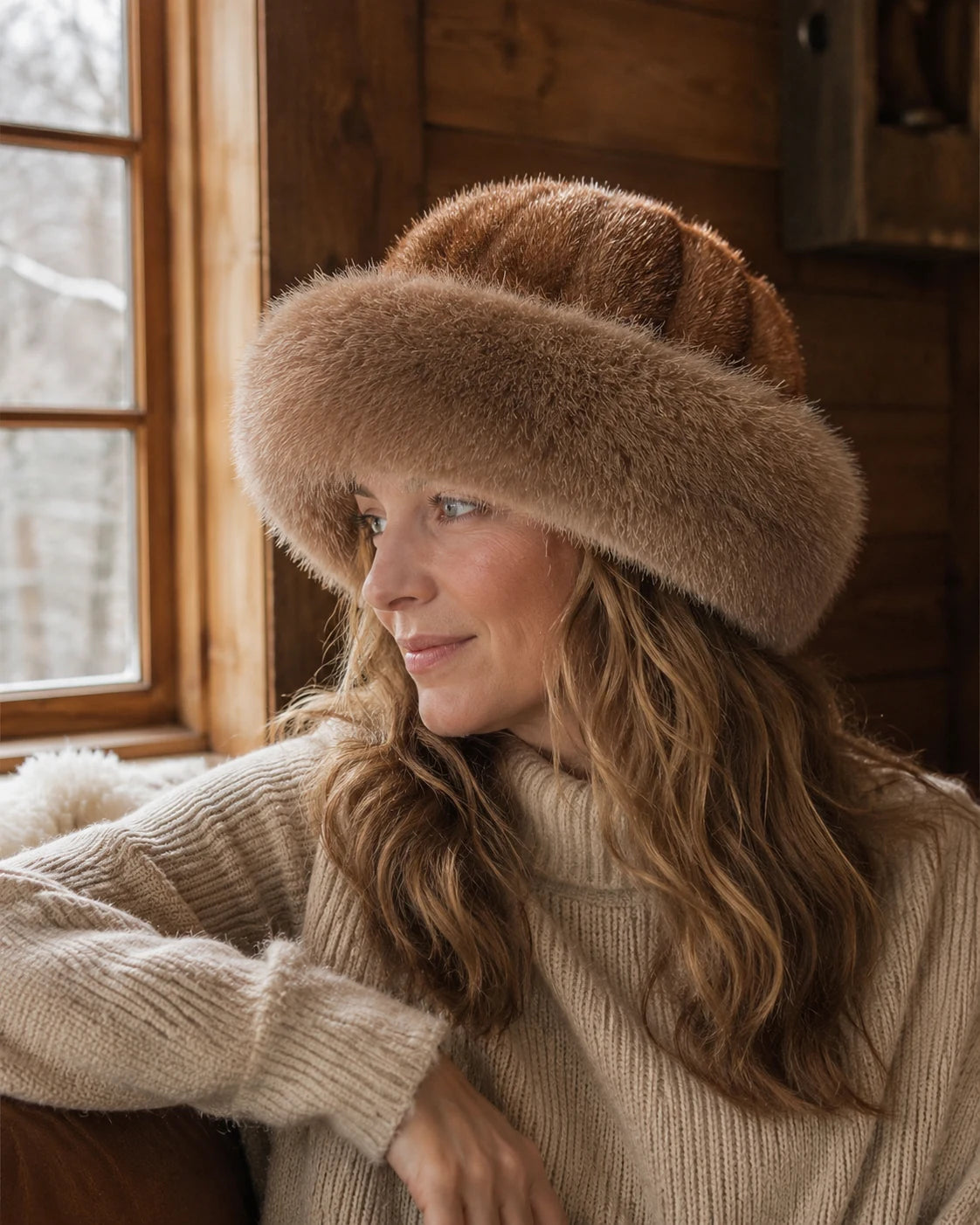 Ivory Cream genuine fur bucket hat worn outdoors in cool weather