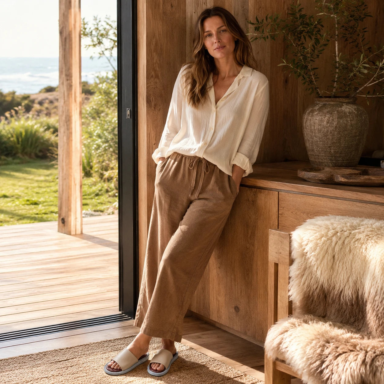Woman wearing stone gray lambskin leather slippers near a home entryway