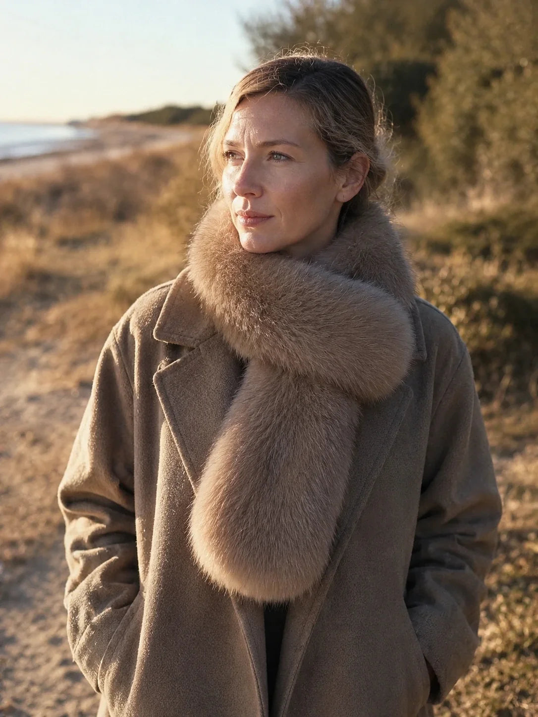 Woman wearing a Mushroom Taupe fox fur scarf outdoors in winter