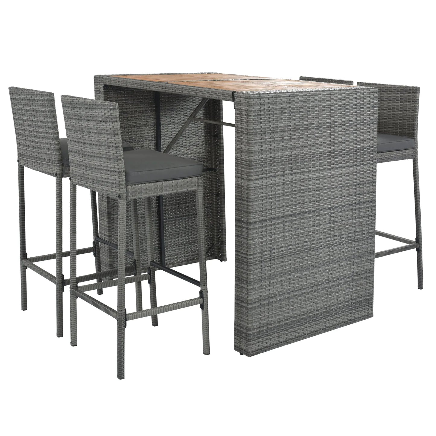 <Old SKU: FG201216AAE> GO 5-pieces Outdoor Patio Wicker Bar Set, Bar Height Chairs With Non-Slip Feet And Fixed Rope, Removable Cushion, Acacia Wood – view 9