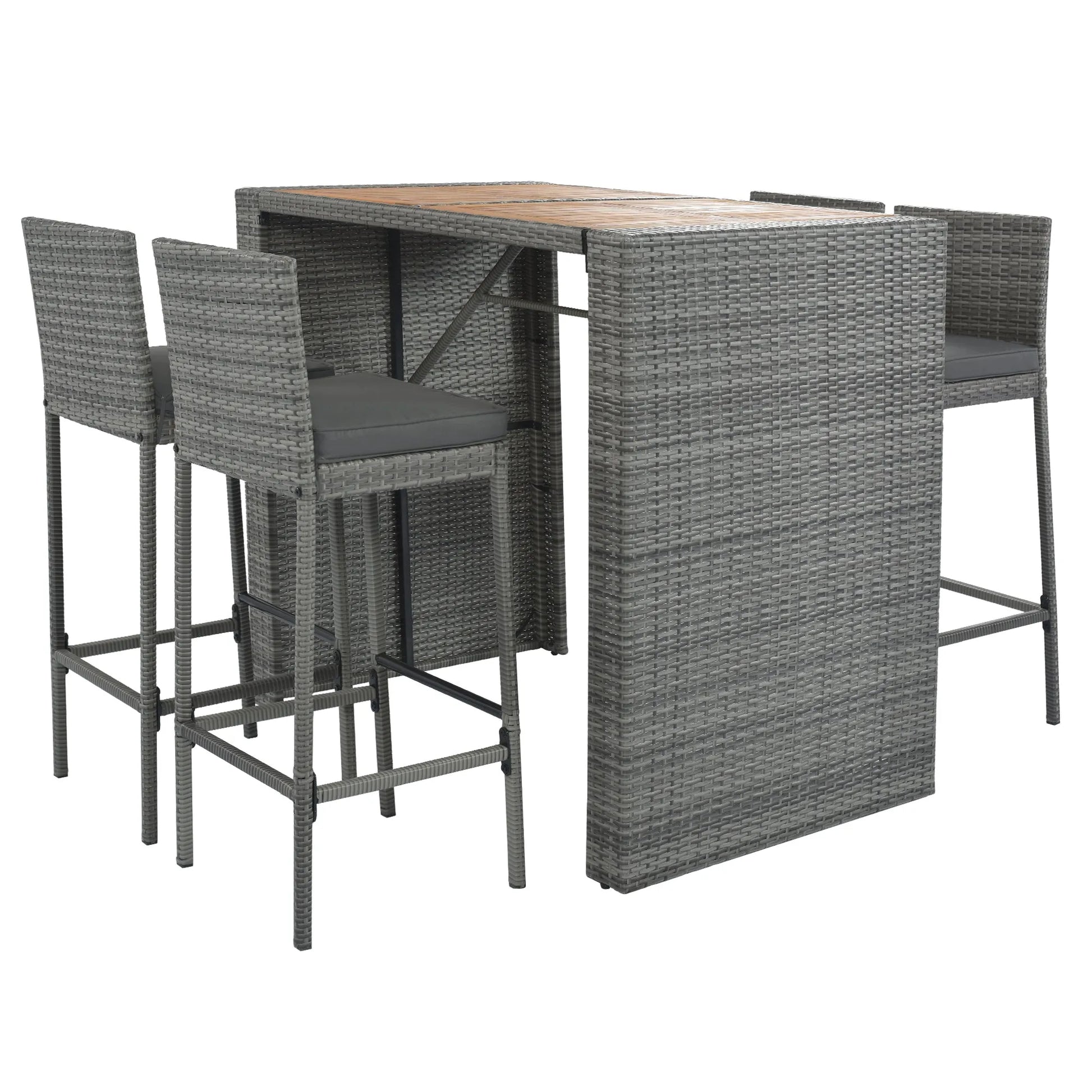 <Old SKU: FG201216AAE> GO 5-pieces Outdoor Patio Wicker Bar Set, Bar Height Chairs With Non-Slip Feet And Fixed Rope, Removable Cushion, Acacia Wood – view 9