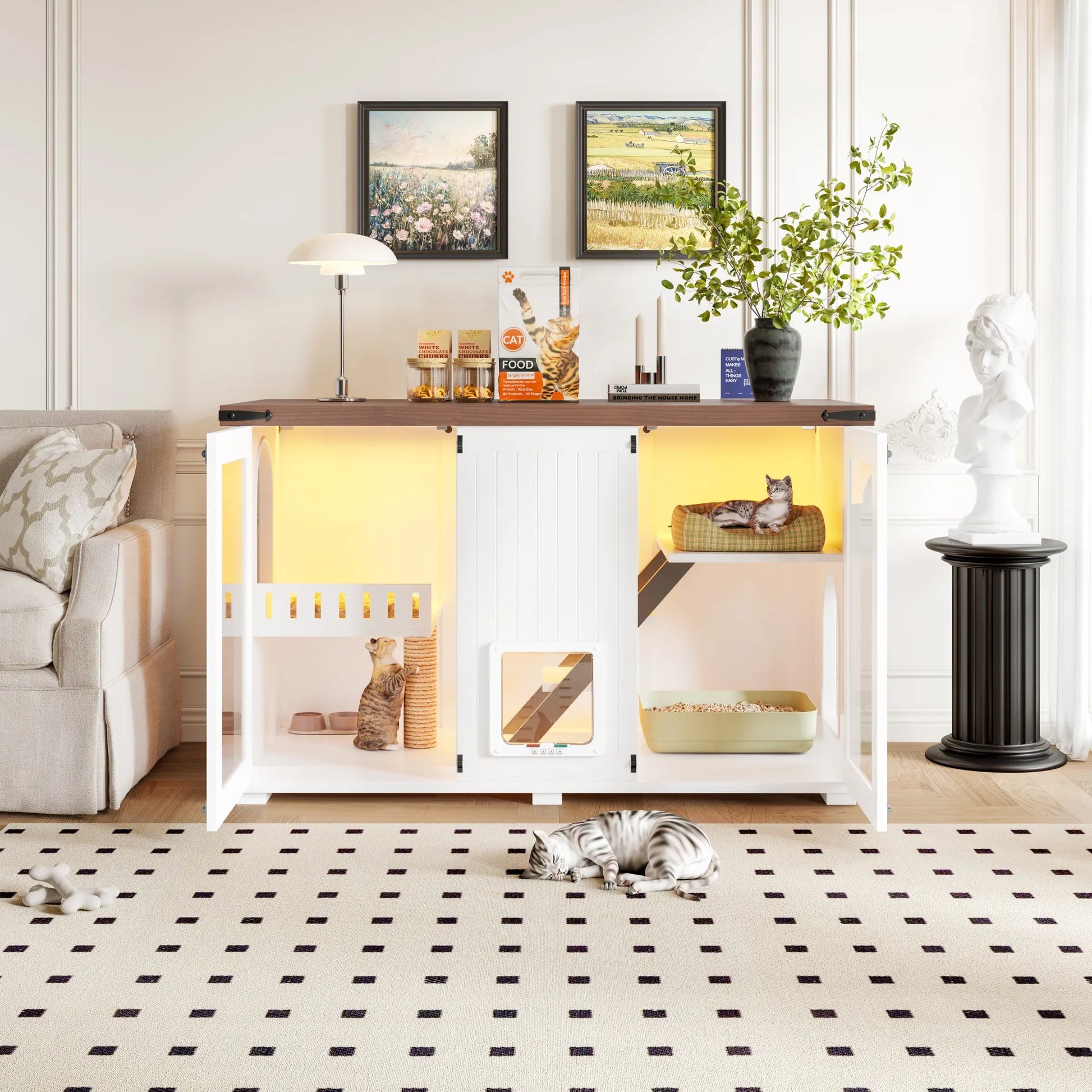 47.25' Large Cat Litter Box Enclosure with LED Light, Hidden Litter Box Furniture, Cat House with Stairs and Cat Scratching Post, Cat Cabinet Side – view 9