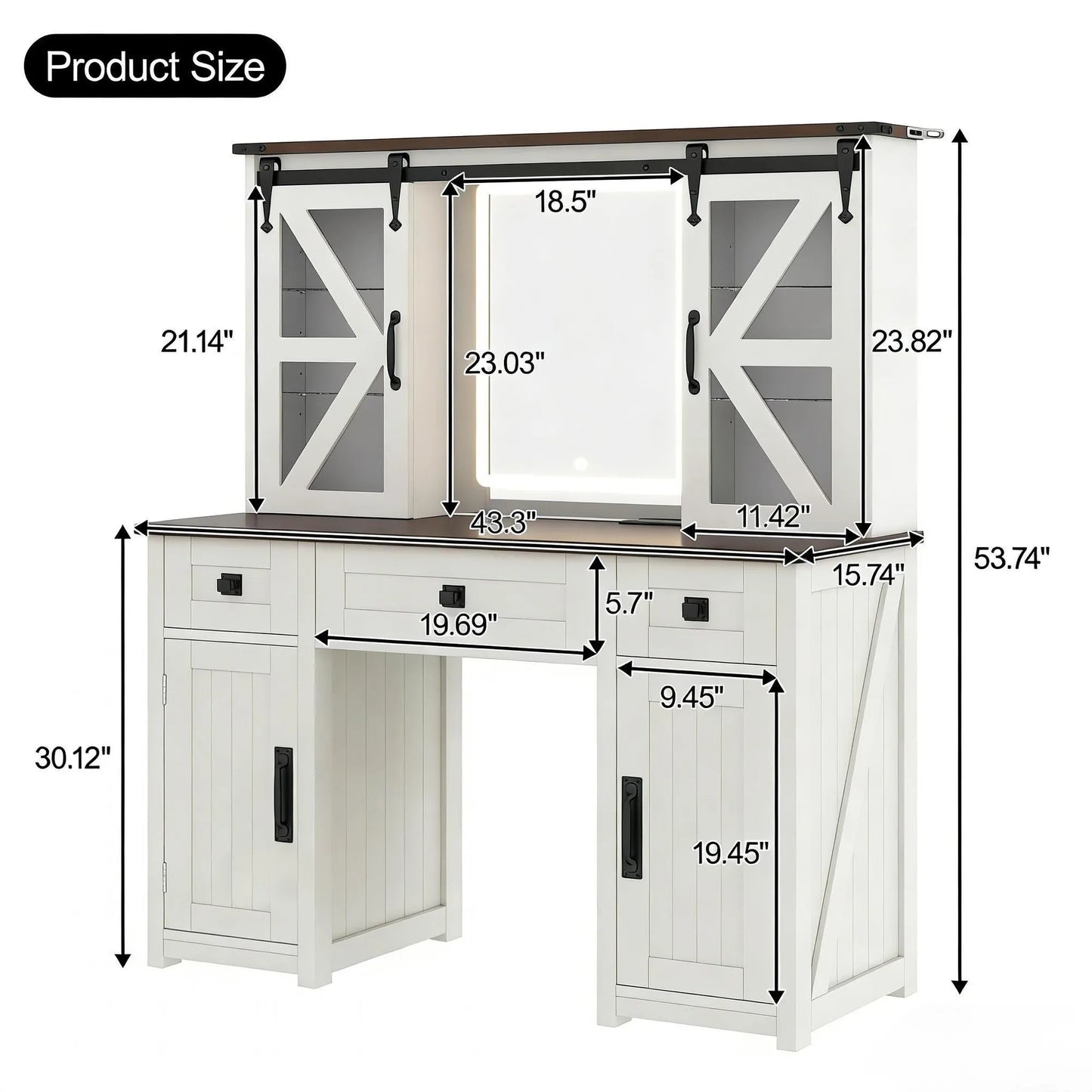 (Stool NOT Included) 43.3' Farmhouse Makeup Vanity Desk with Lighted Mirror, Vanity Table with Charging Station, Dressing Table with Sliding Barn – view 9