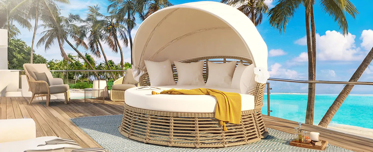 <Old SKU: N704G201243A> Outdoor Patio Rattan Round Daybed with Retractable Canopy, Wicker Furniture Round Poolside Sofa Sunbed with Removable – view 9
