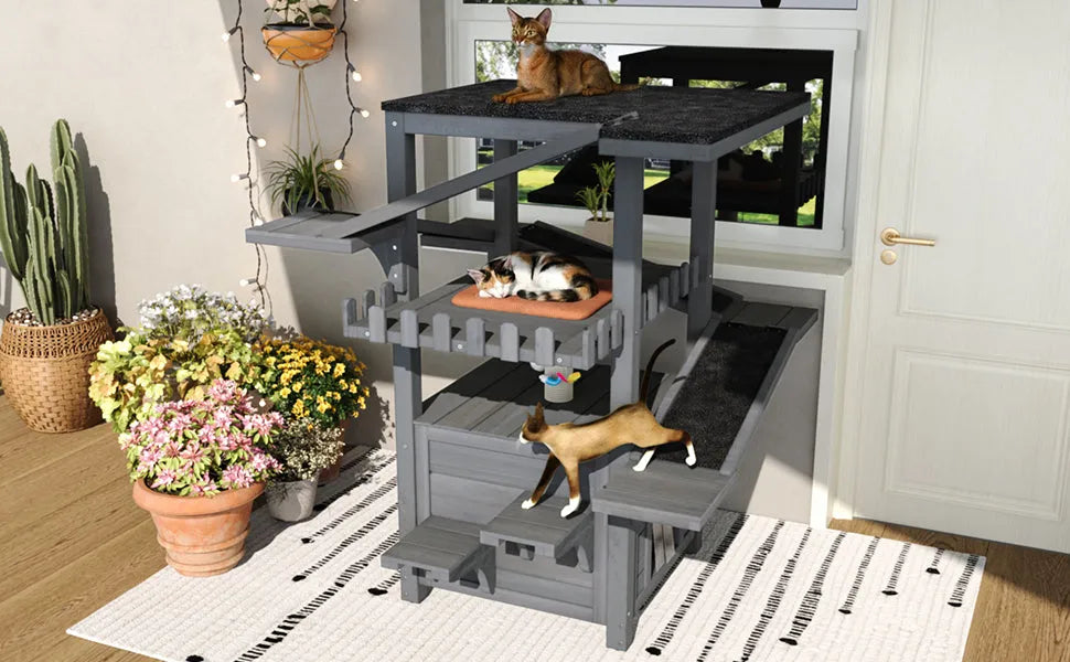 4 Tiers Outdoor Cat House Weatherproof Cat Tree Tower with Waterproof Roof and 2 Doors , Feral Cat Shelter Outside Enclosure, Multi-Level Play Zones – view 9