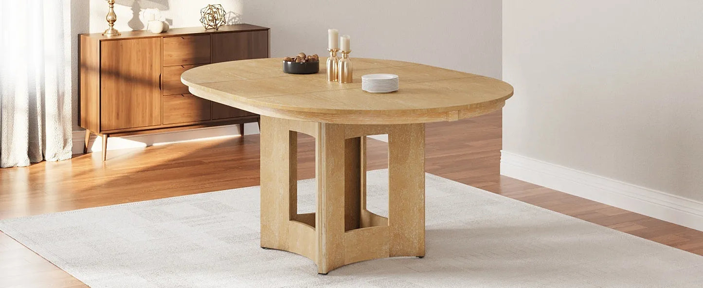 Farmhouse Extendable Round Dining Table with 16inch Removable Leaf for Small Places, Natural – view 9